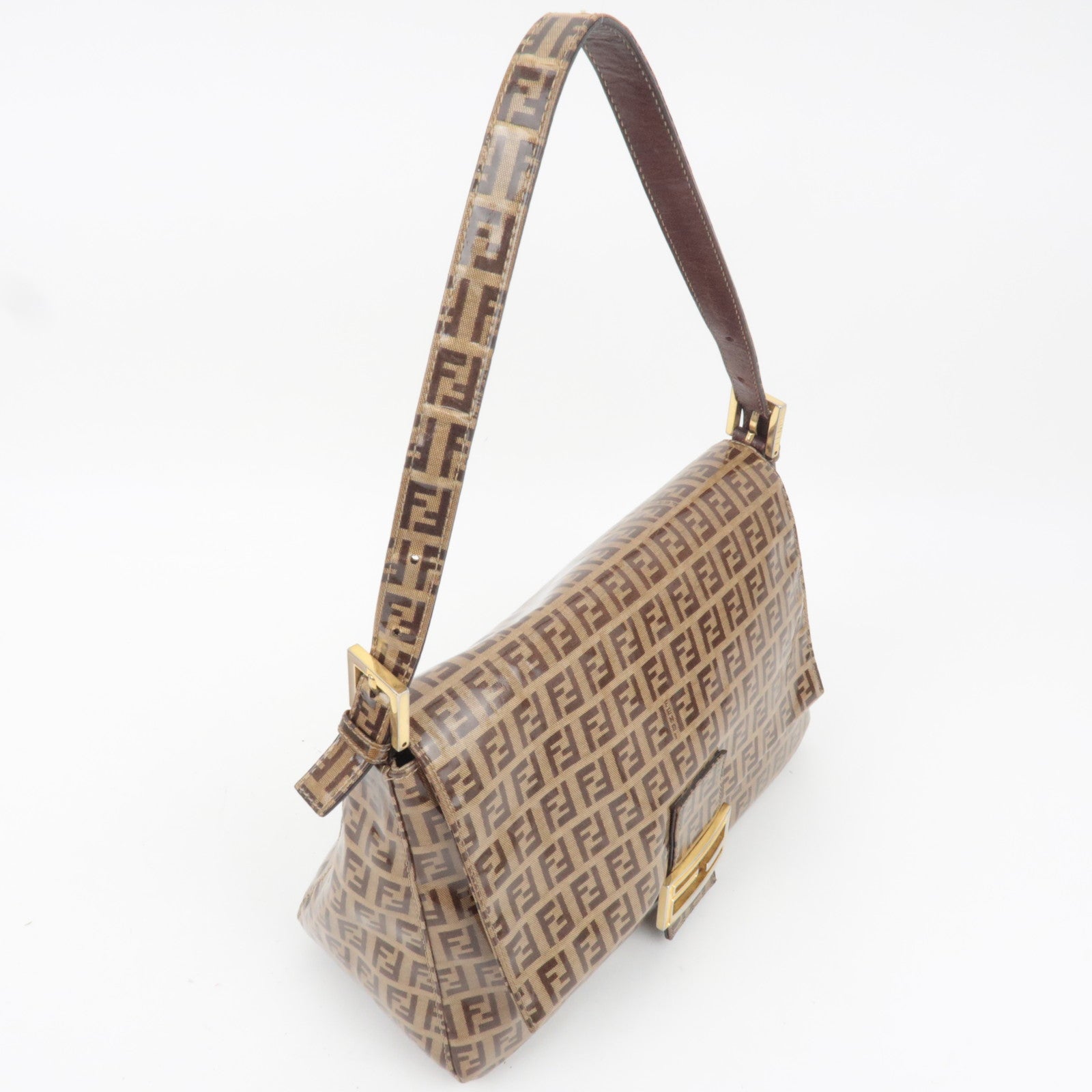 FENDI Zucchino Mamma Baguette Vinyl Shoulder Bag Brown 26325