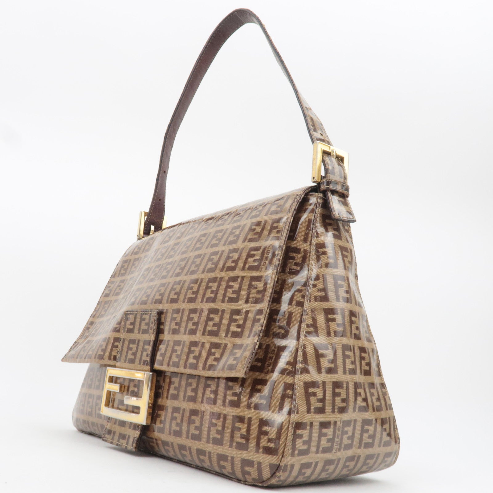 FENDI Zucchino Mamma Baguette Vinyl Shoulder Bag Brown 26325
