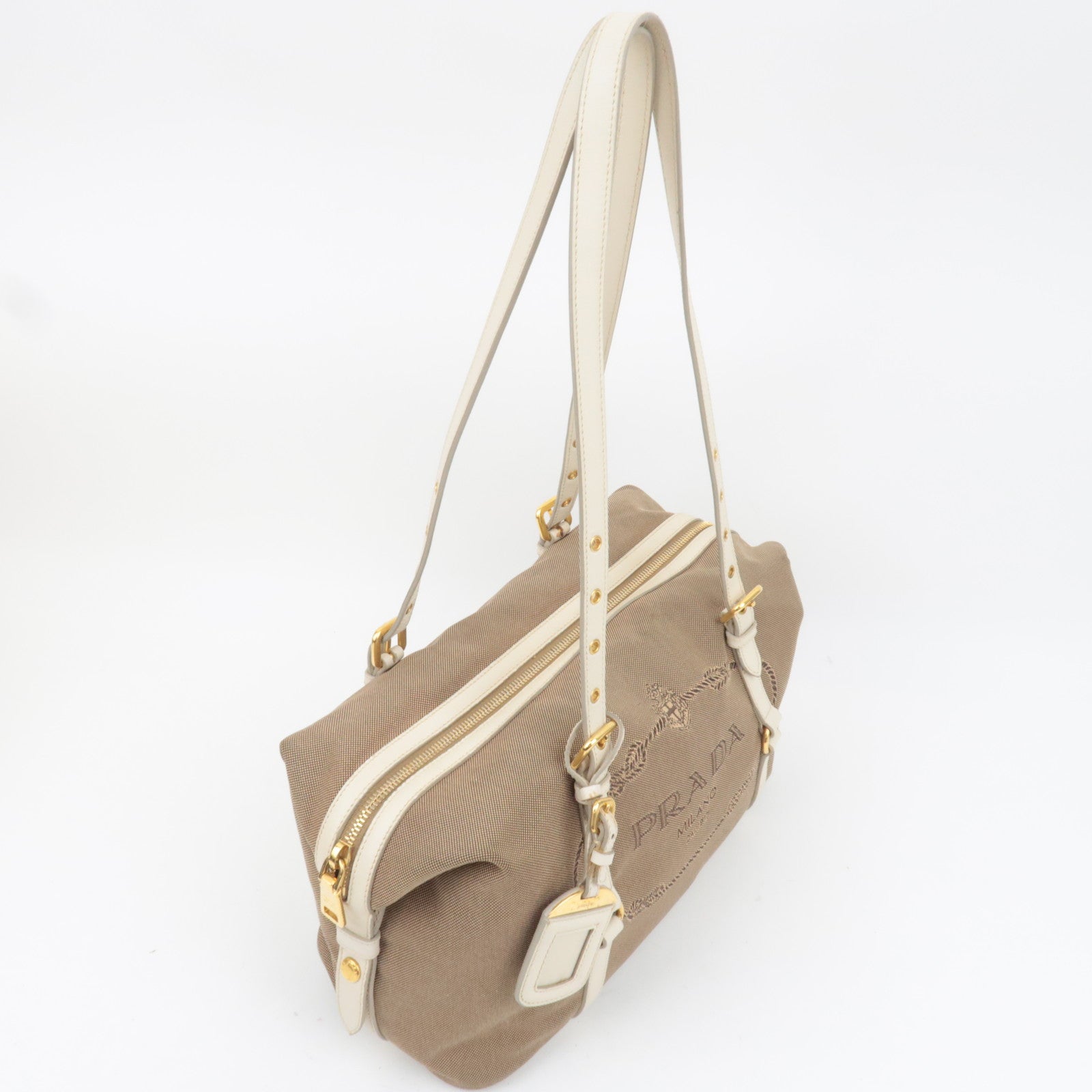 PRADA Logo Jacquard Shoulder Bag Beige