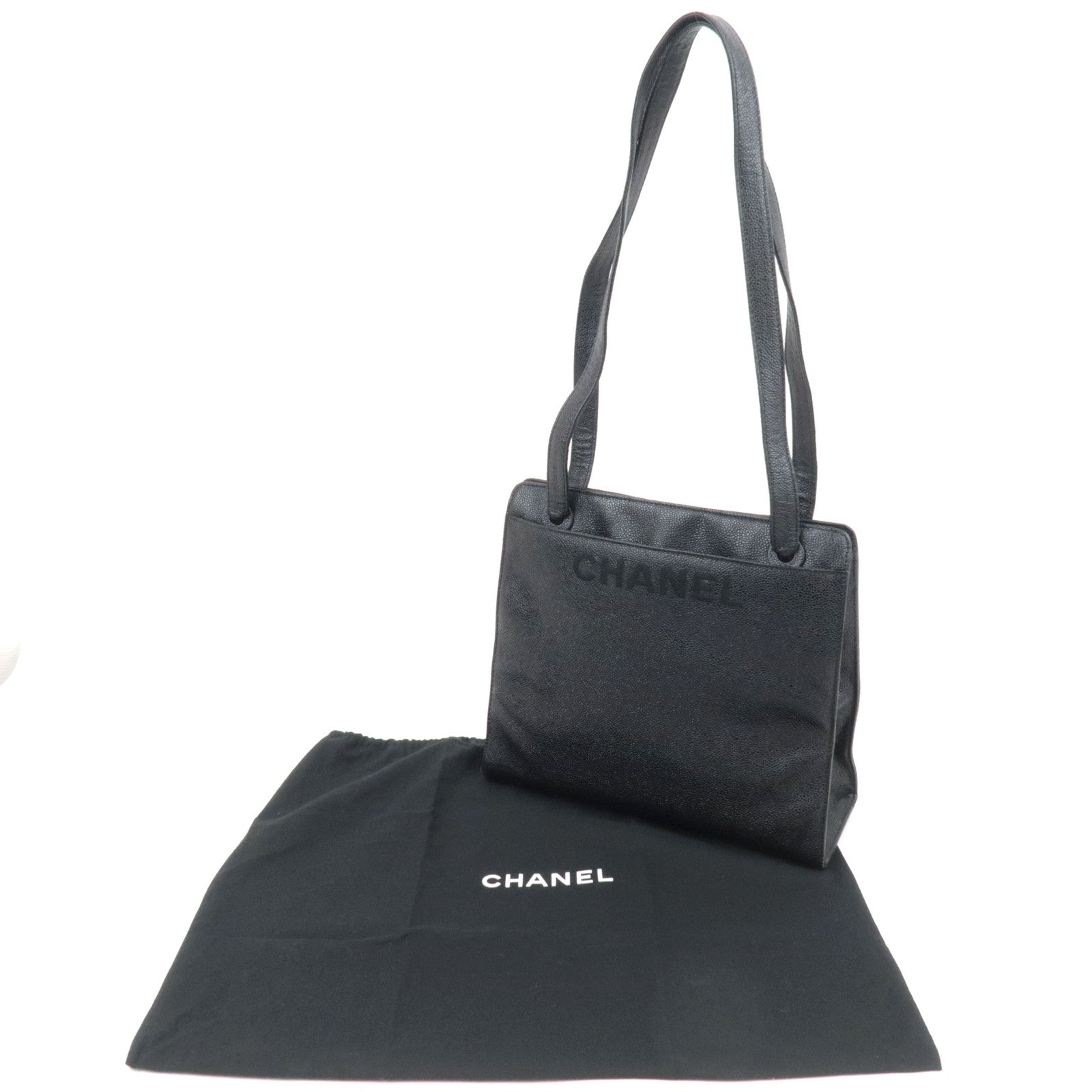 CHANEL Logo Caviarskin Tote Bag Black