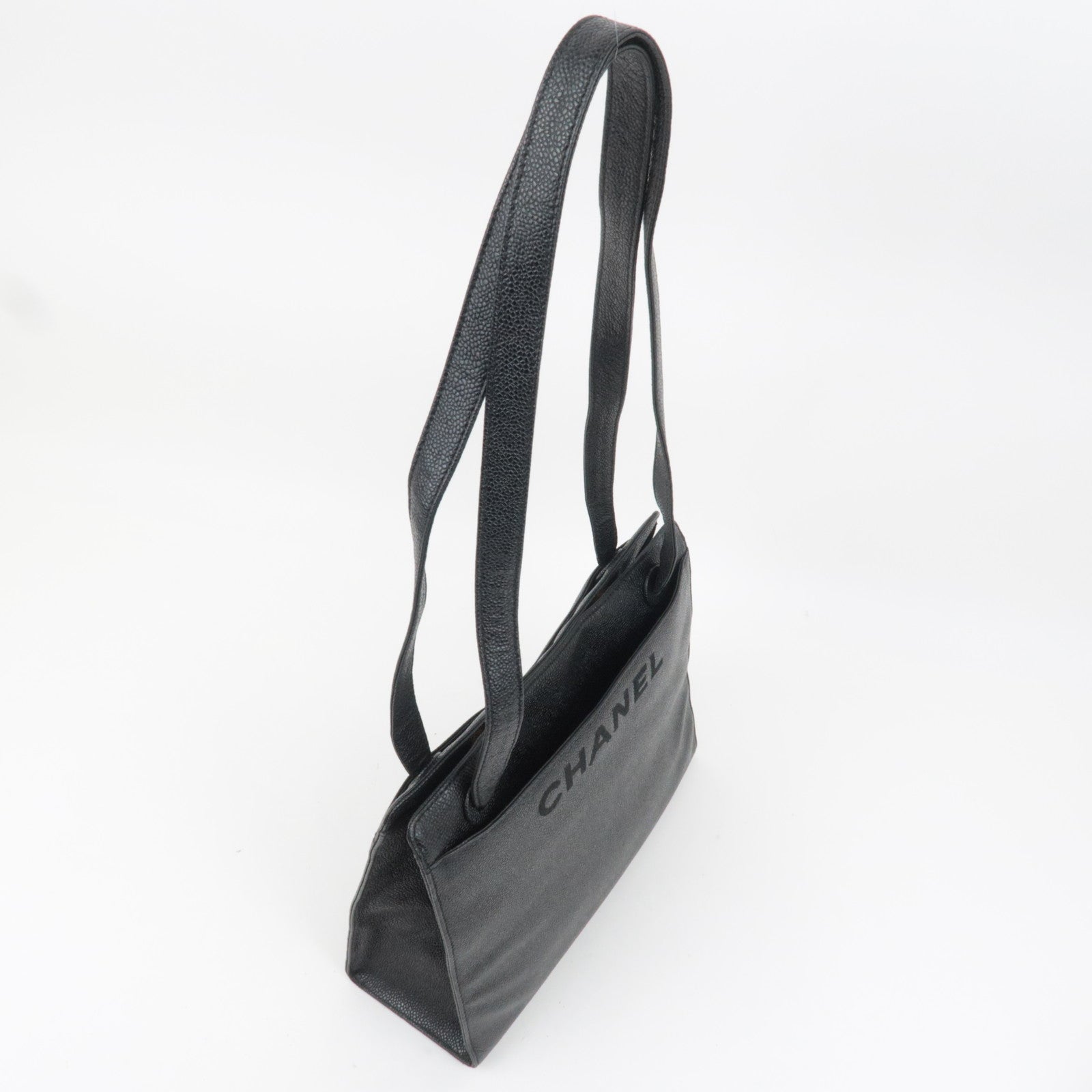 CHANEL Logo Caviarskin Tote Bag Black
