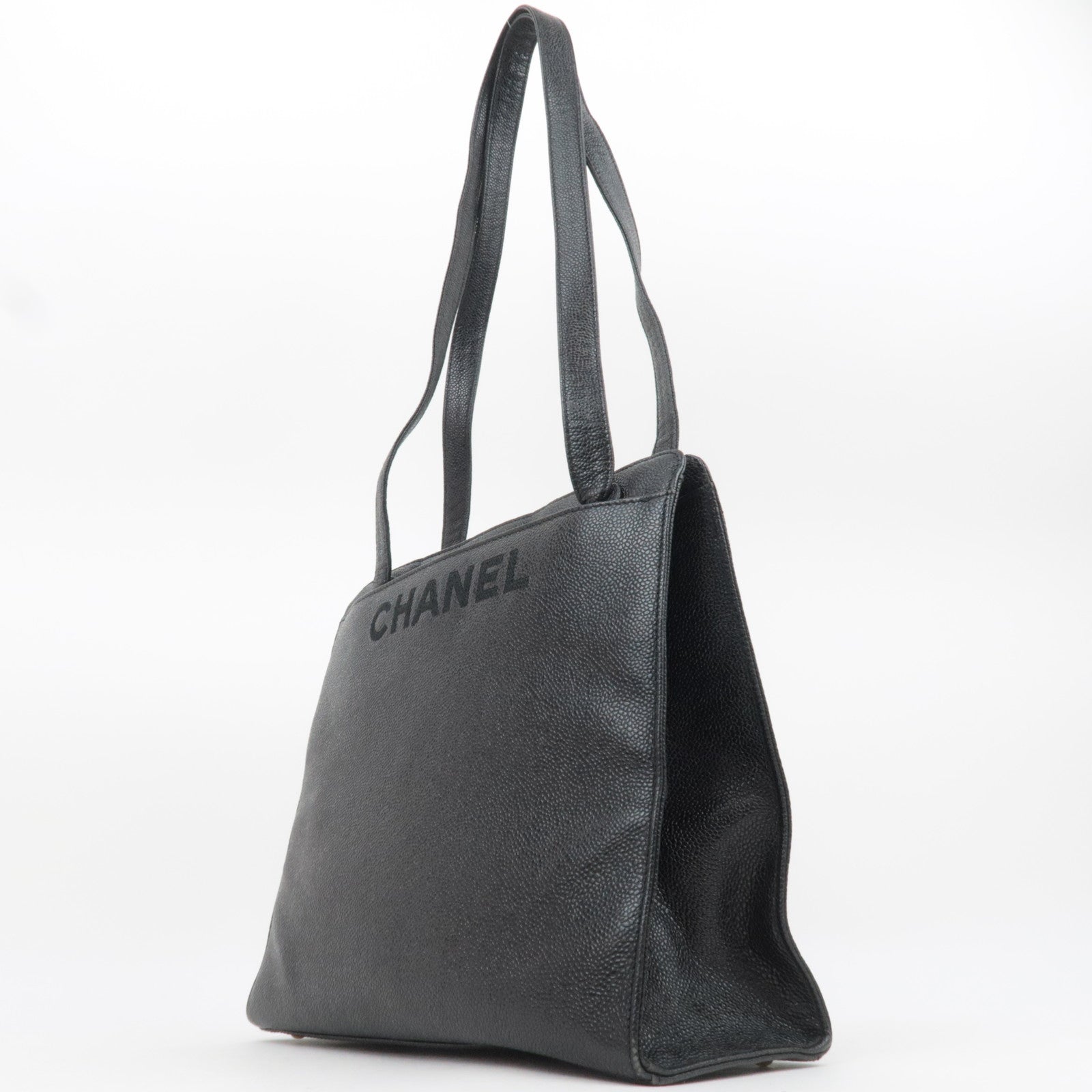 CHANEL Logo Caviarskin Tote Bag Black