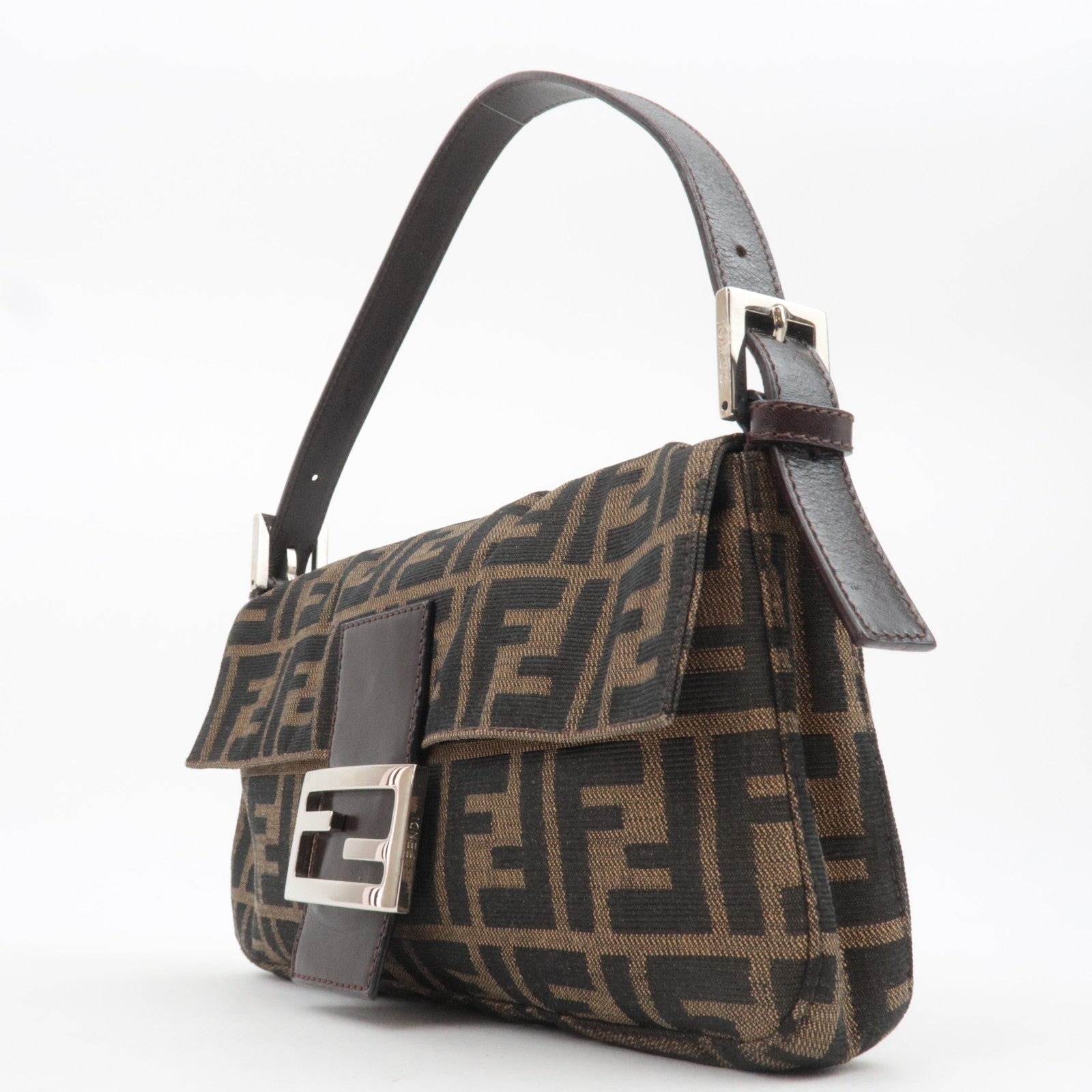 FENDI Zucca Mamma Baguette Canvas Leather Shoulder Bag Brown 26424