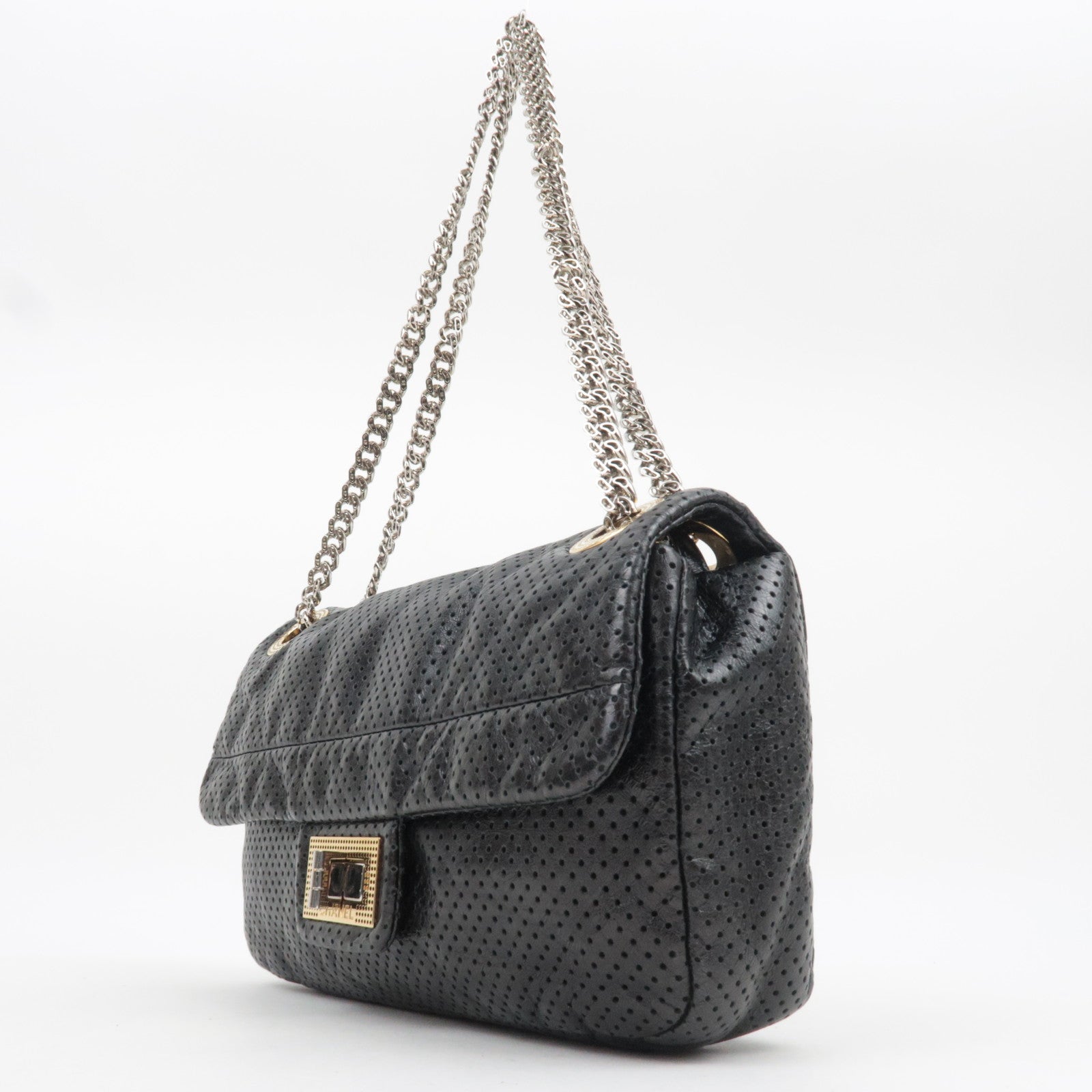 CHANEL 2.55 Perforated Leather Chain Shoulder Bag Black
