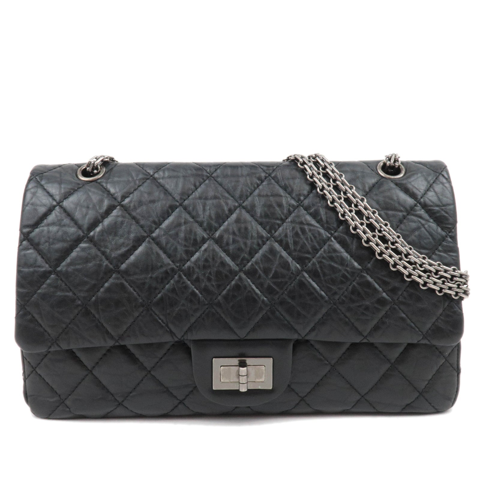 CHANEL 2.55 Matelasse Double Flap Aged Calfskin Chain Shoulder Bag Black88568
