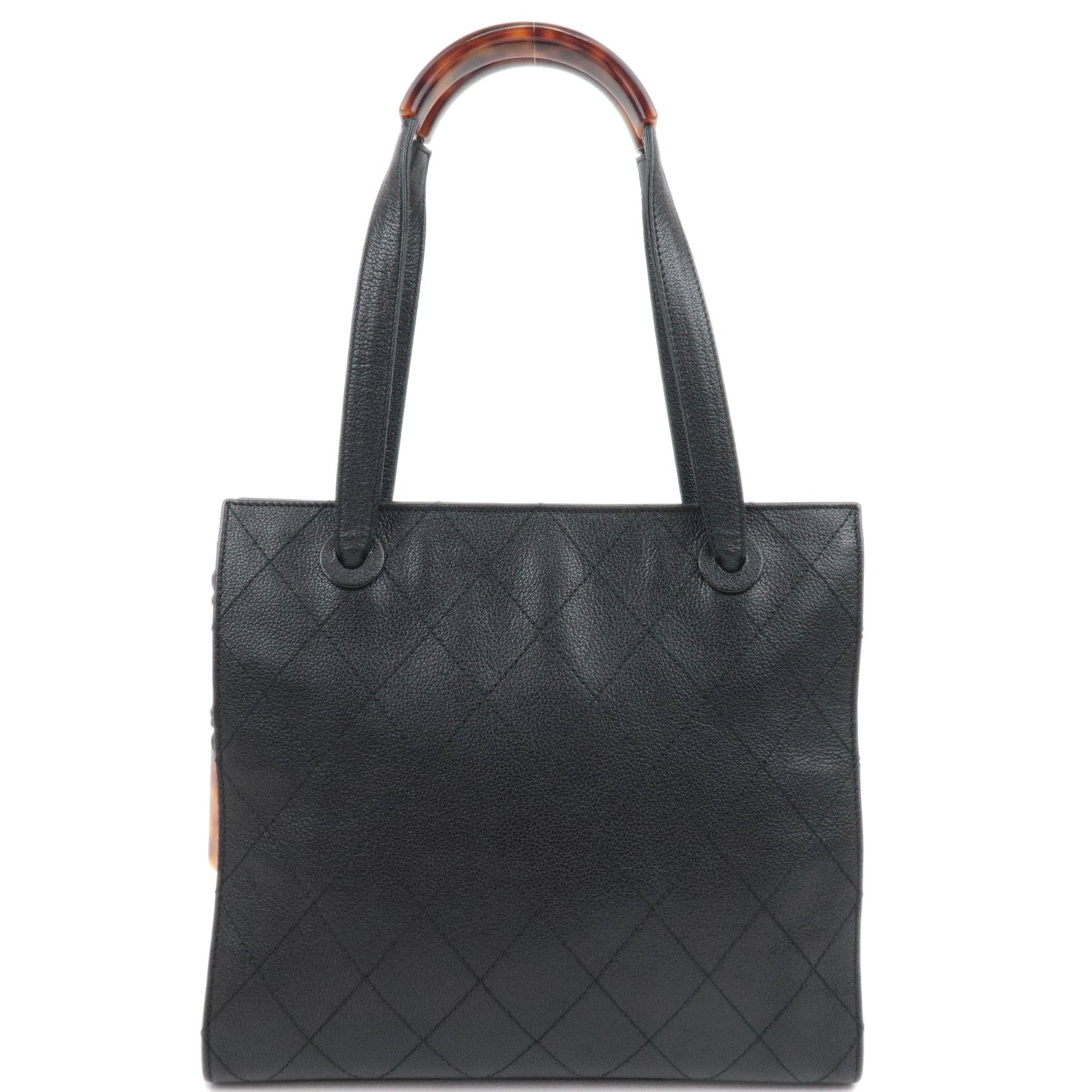 CHANEL Bicolore Tortoiseshell Handle Leather Tote Bag Black88576