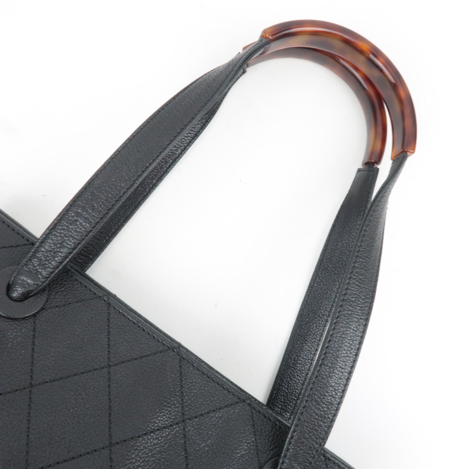 CHANEL Bicolore Tortoiseshell Handle Leather Tote Bag Black