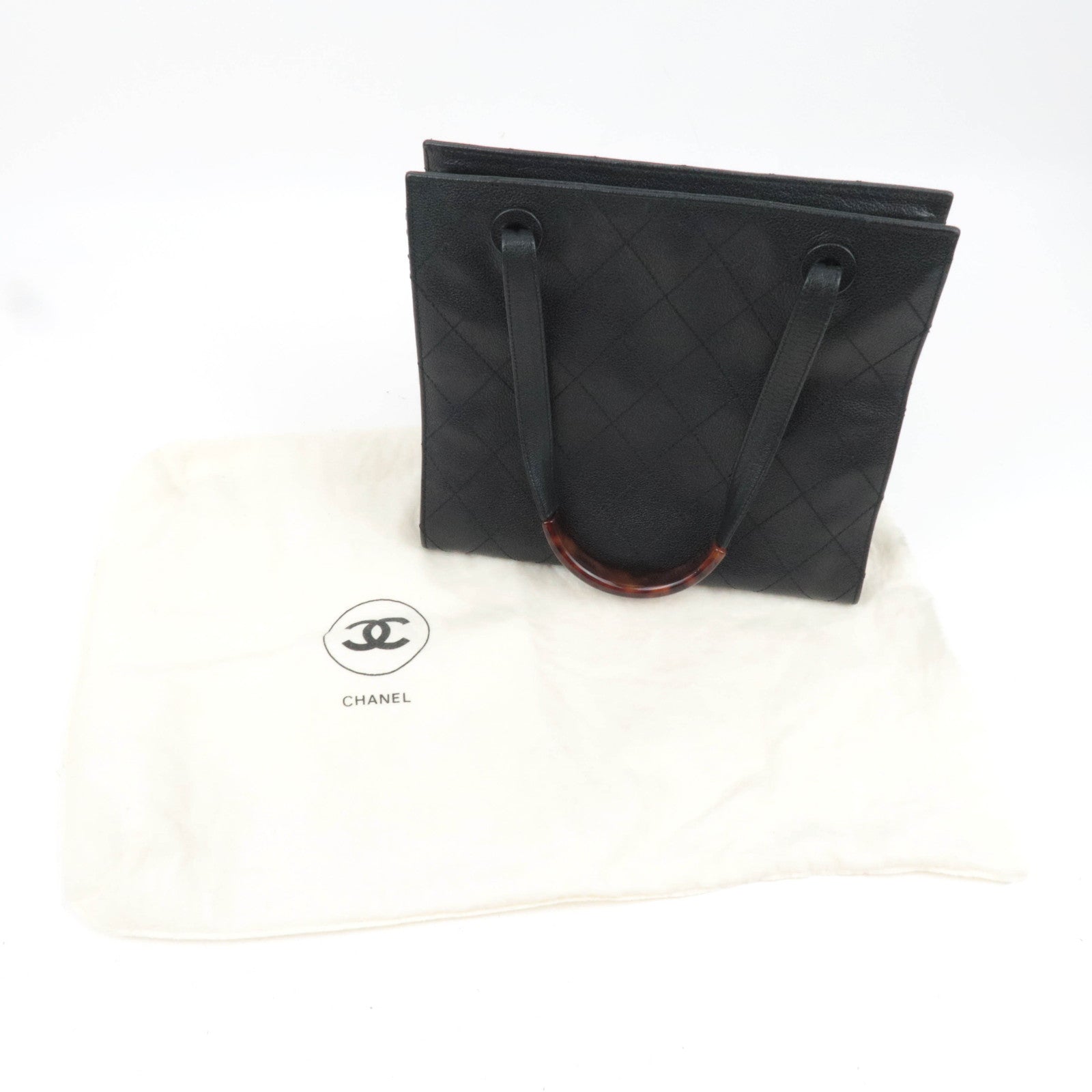 CHANEL Bicolore Tortoiseshell Handle Leather Tote Bag Black
