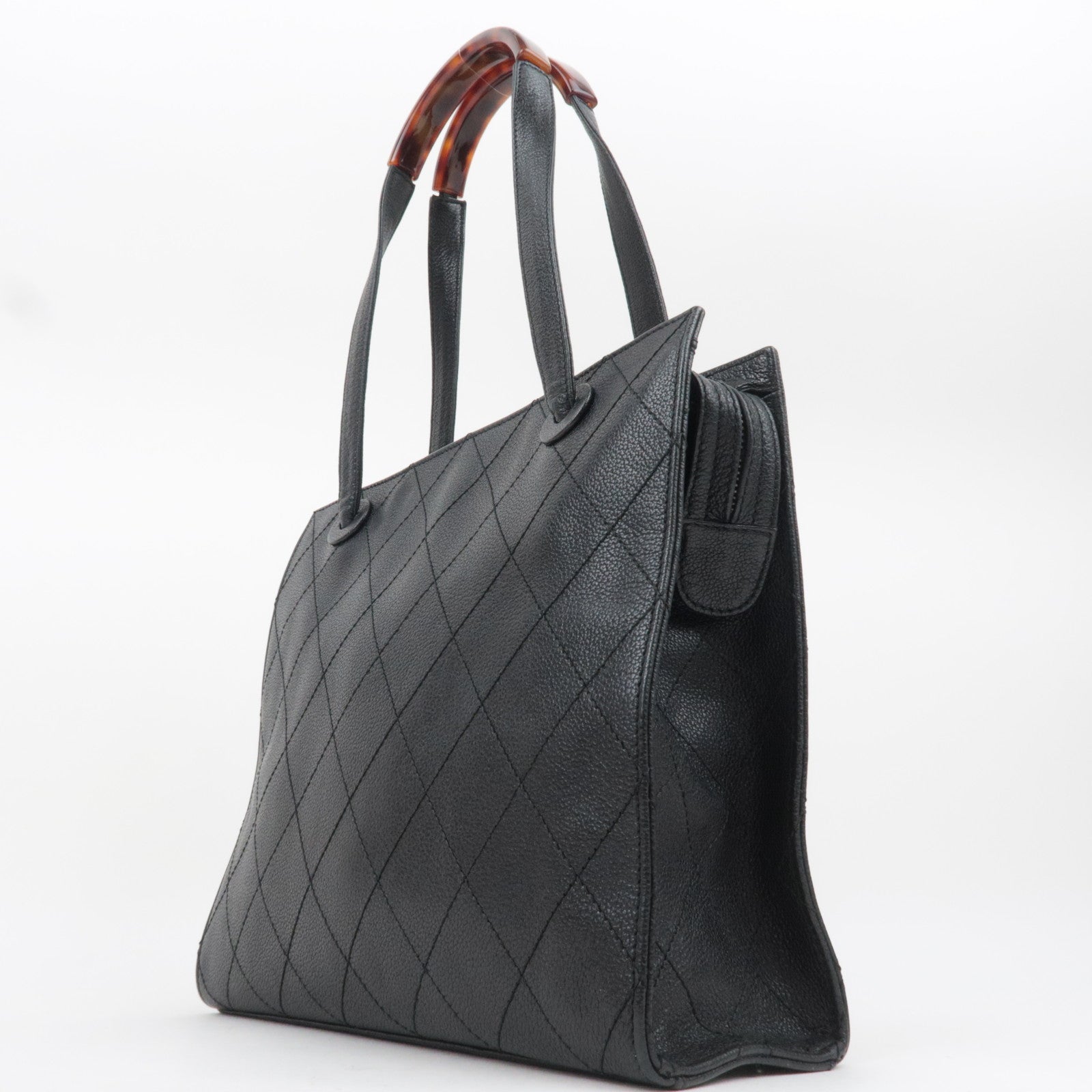 CHANEL Bicolore Tortoiseshell Handle Leather Tote Bag Black