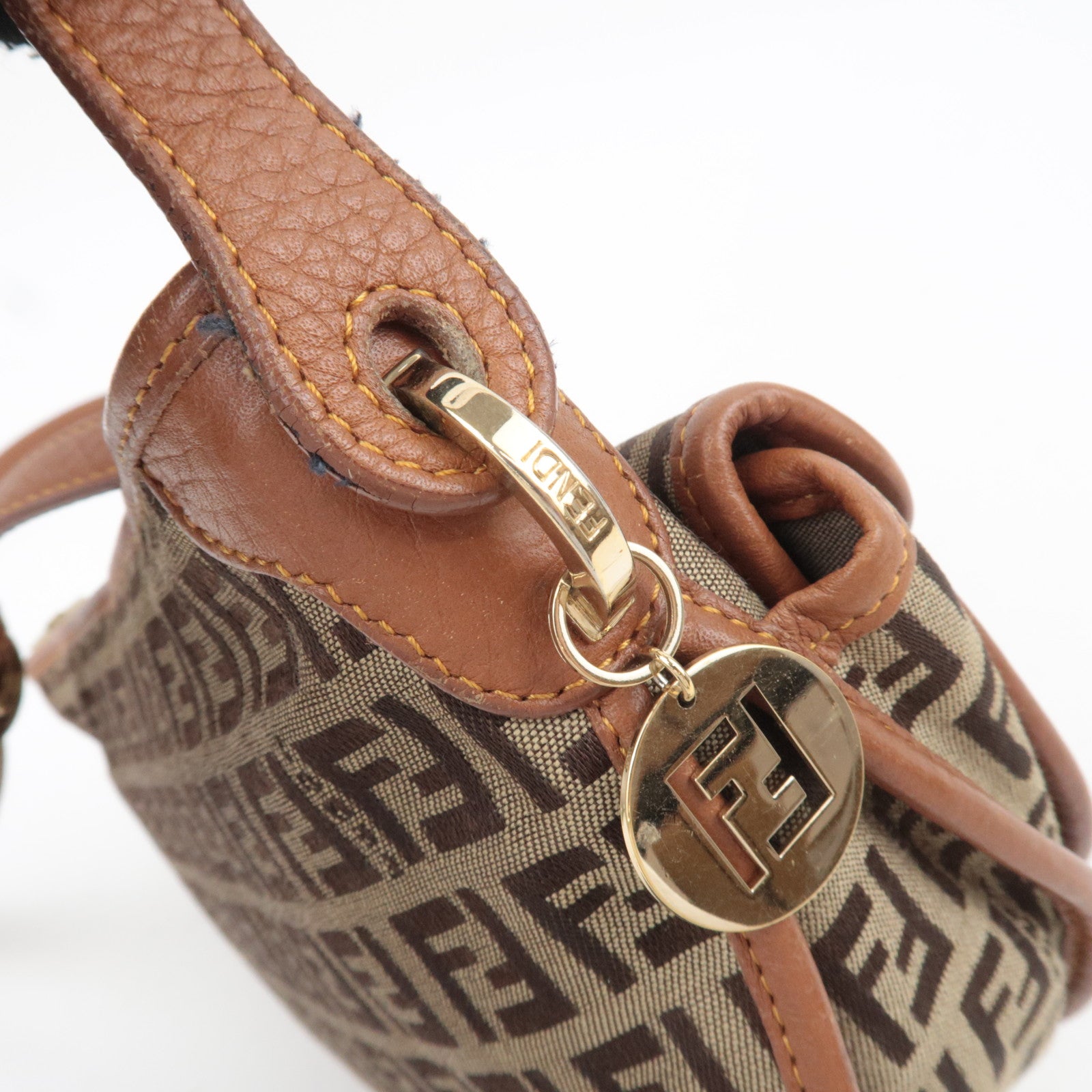 FENDI Zucchino Canvas Leather Shoulder Bag Brown 8BT088