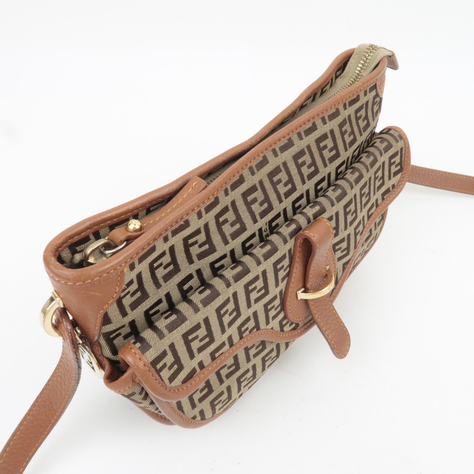FENDI Zucchino Canvas Leather Shoulder Bag Brown 8BT088