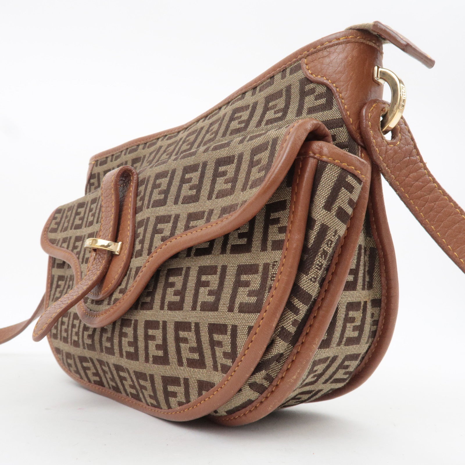 FENDI Zucchino Canvas Leather Shoulder Bag Brown 8BT088