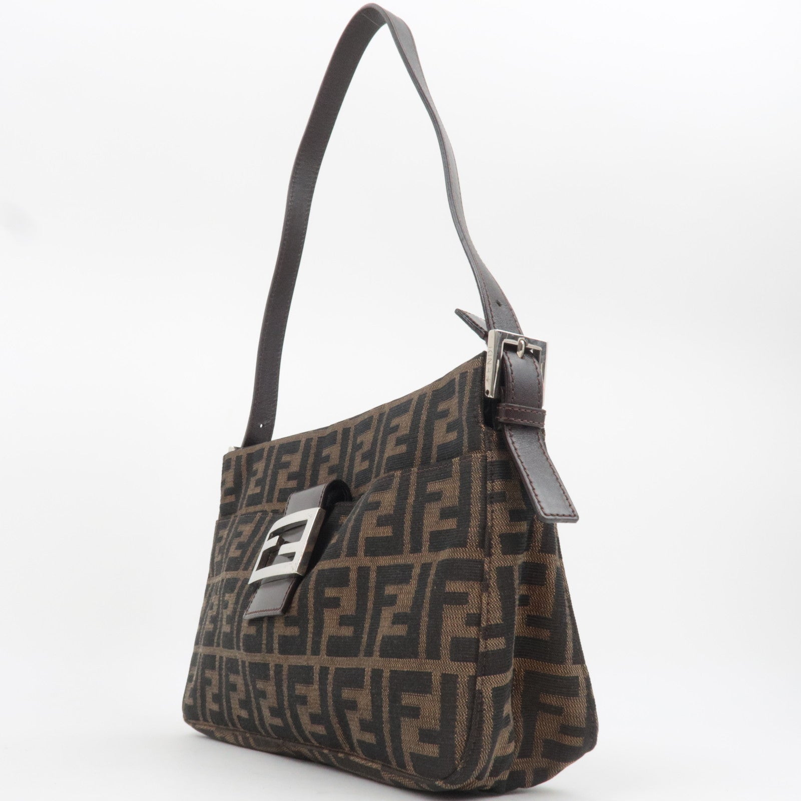 FENDI Zucca Canvas Leather Shoulder Bag Brown 26566