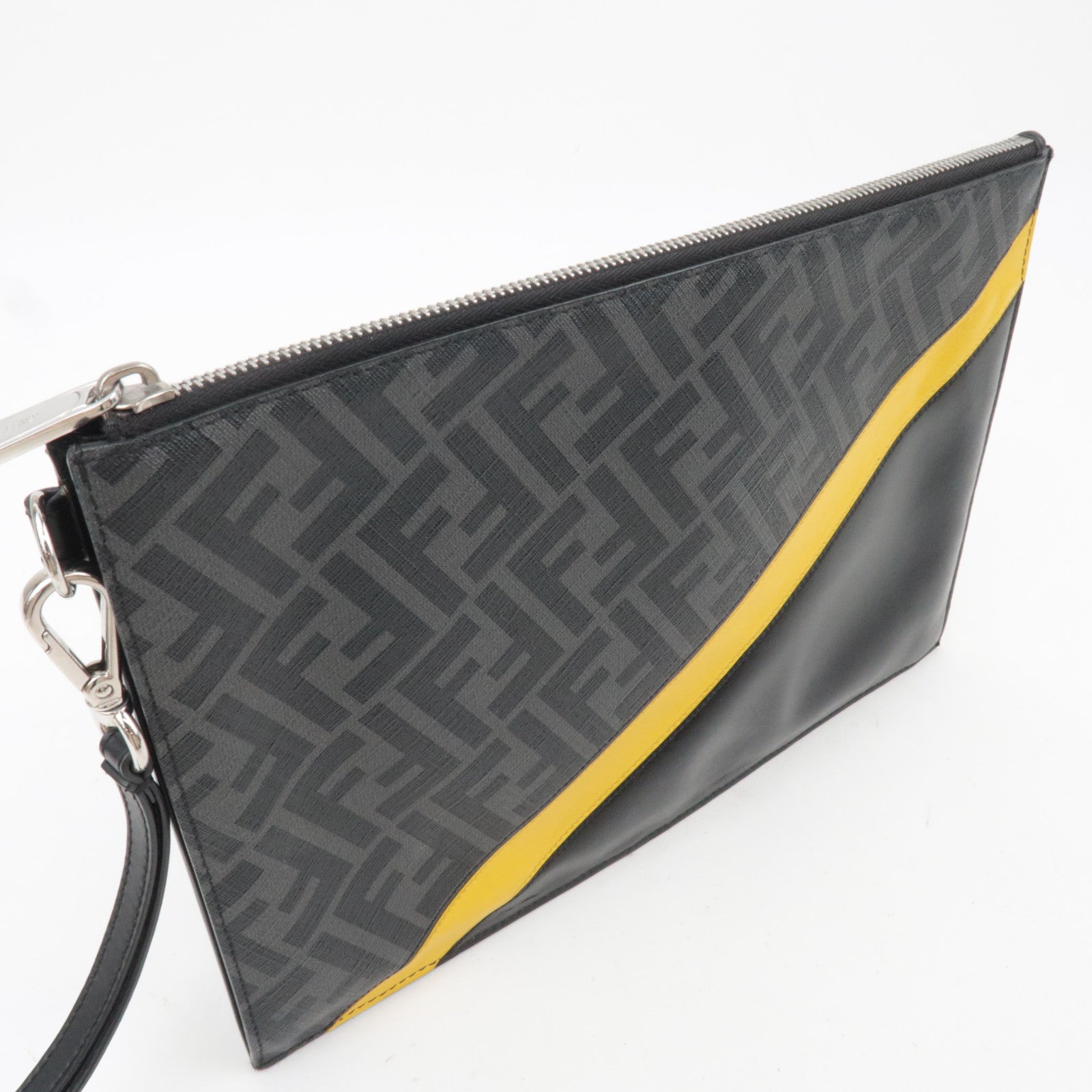 FENDI Zucca PVC Leather Clutch Bag Black Gray Yellow 7N0110