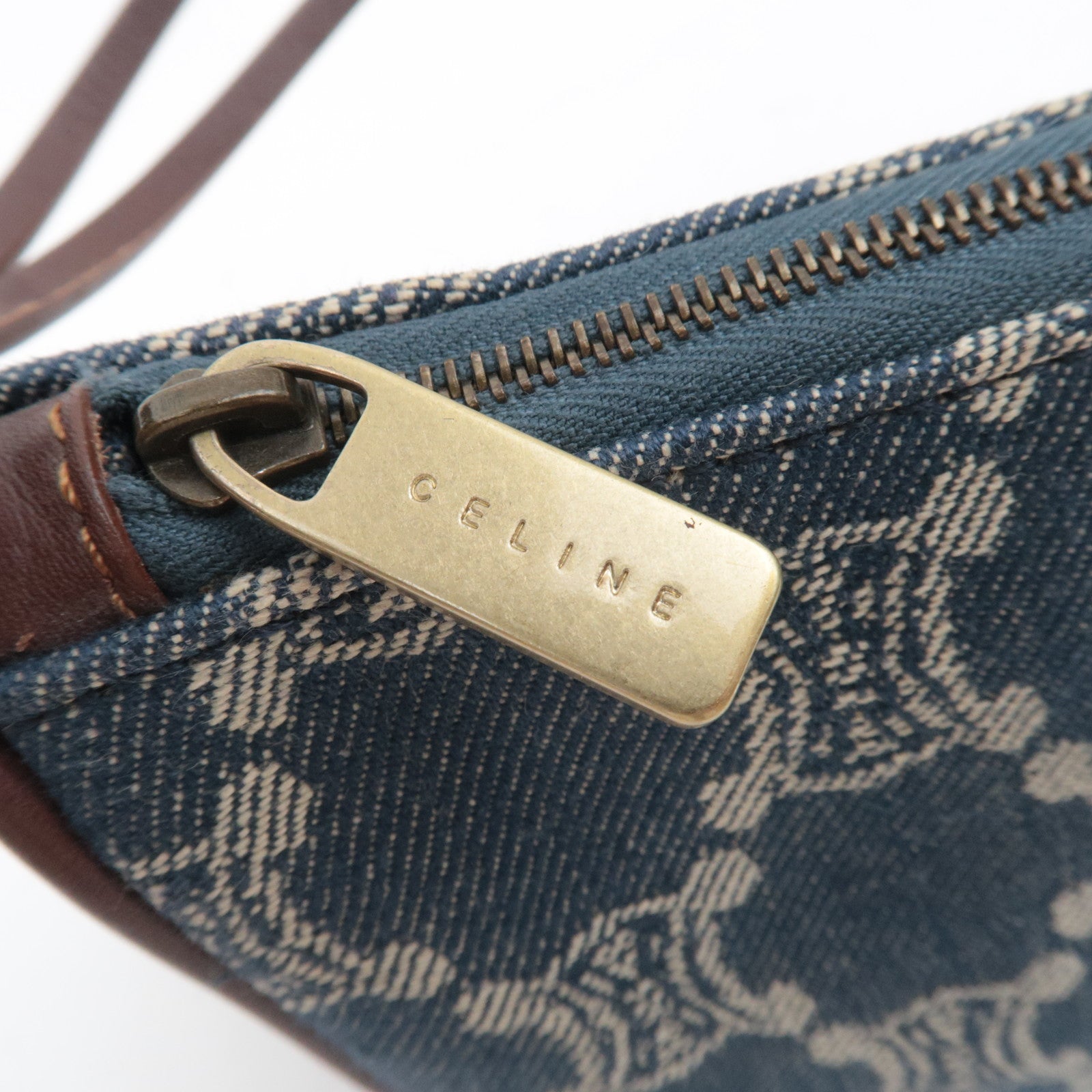 CELINE Paris Macadam Denim Small Shoulder Bag Navy Brown