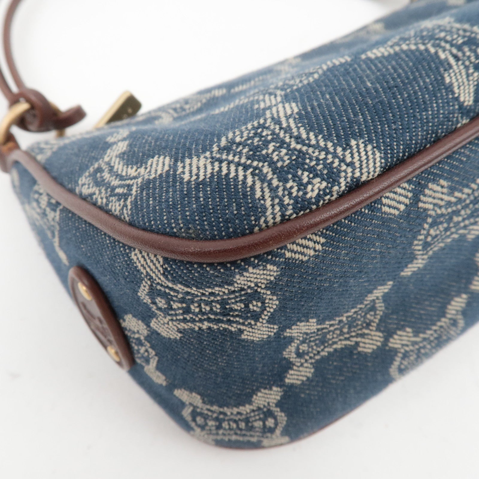 CELINE Paris Macadam Denim Small Shoulder Bag Navy Brown