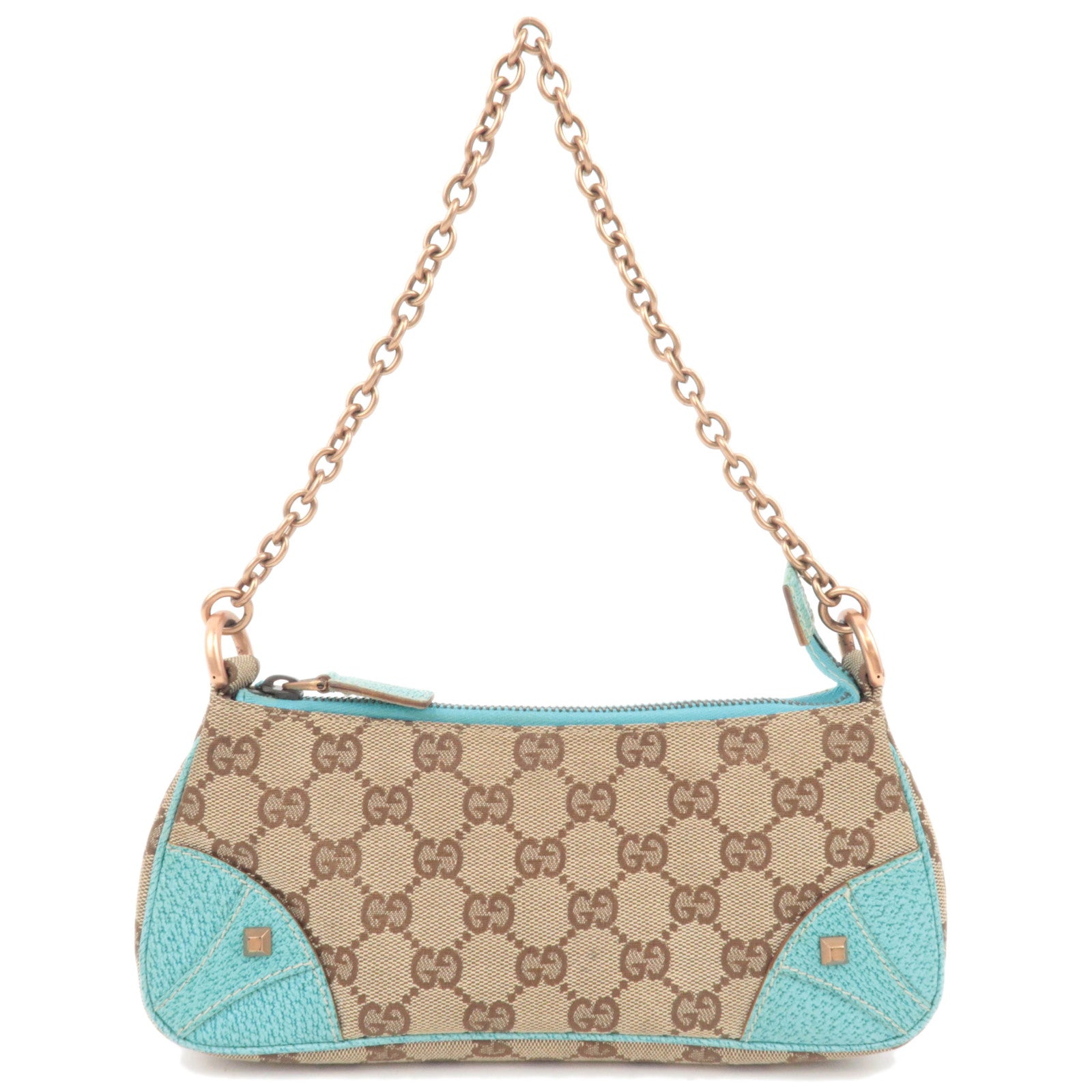 GUCCI GG Canvas Chain Small Shoulder Bag Beige Turquoise 12094088704