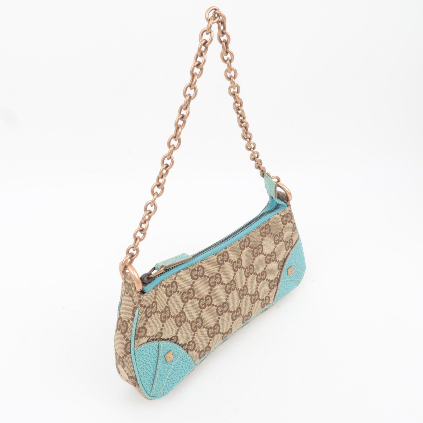 GUCCI GG Canvas Chain Small Shoulder Bag Beige Turquoise 120940