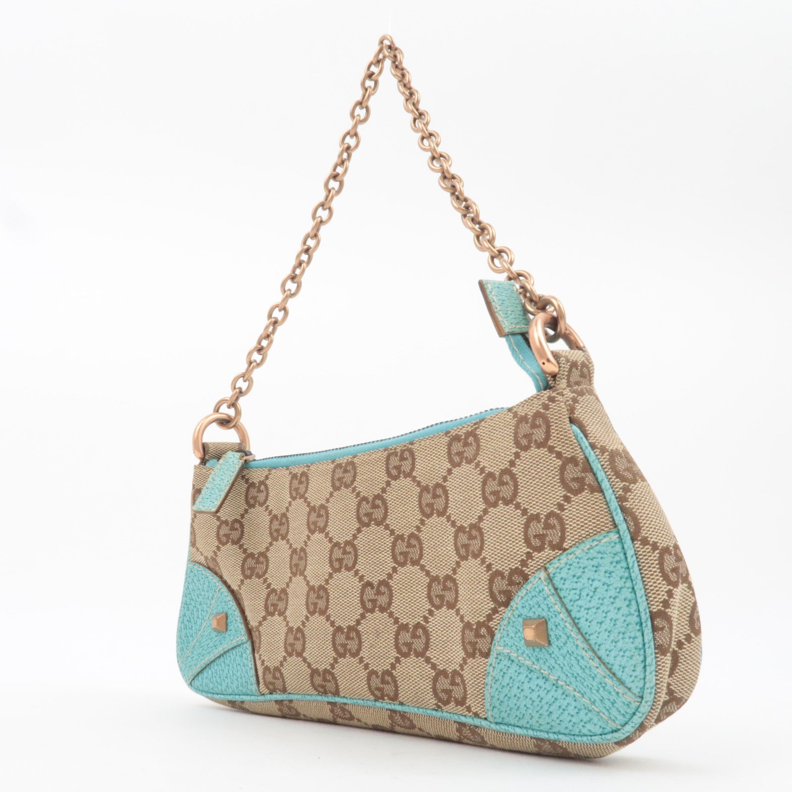 GUCCI GG Canvas Chain Small Shoulder Bag Beige Turquoise 120940