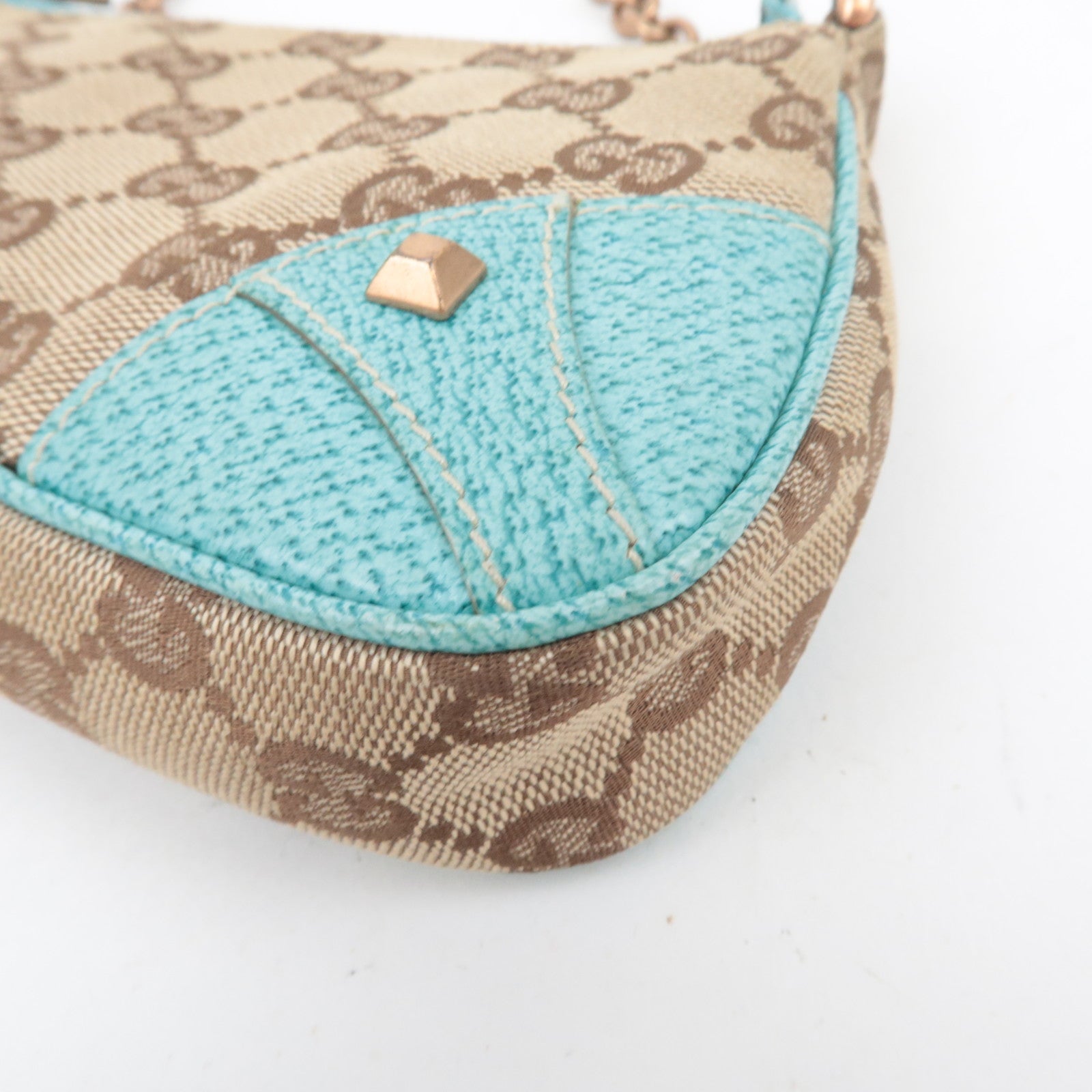 GUCCI GG Canvas Chain Small Shoulder Bag Beige Turquoise 120940
