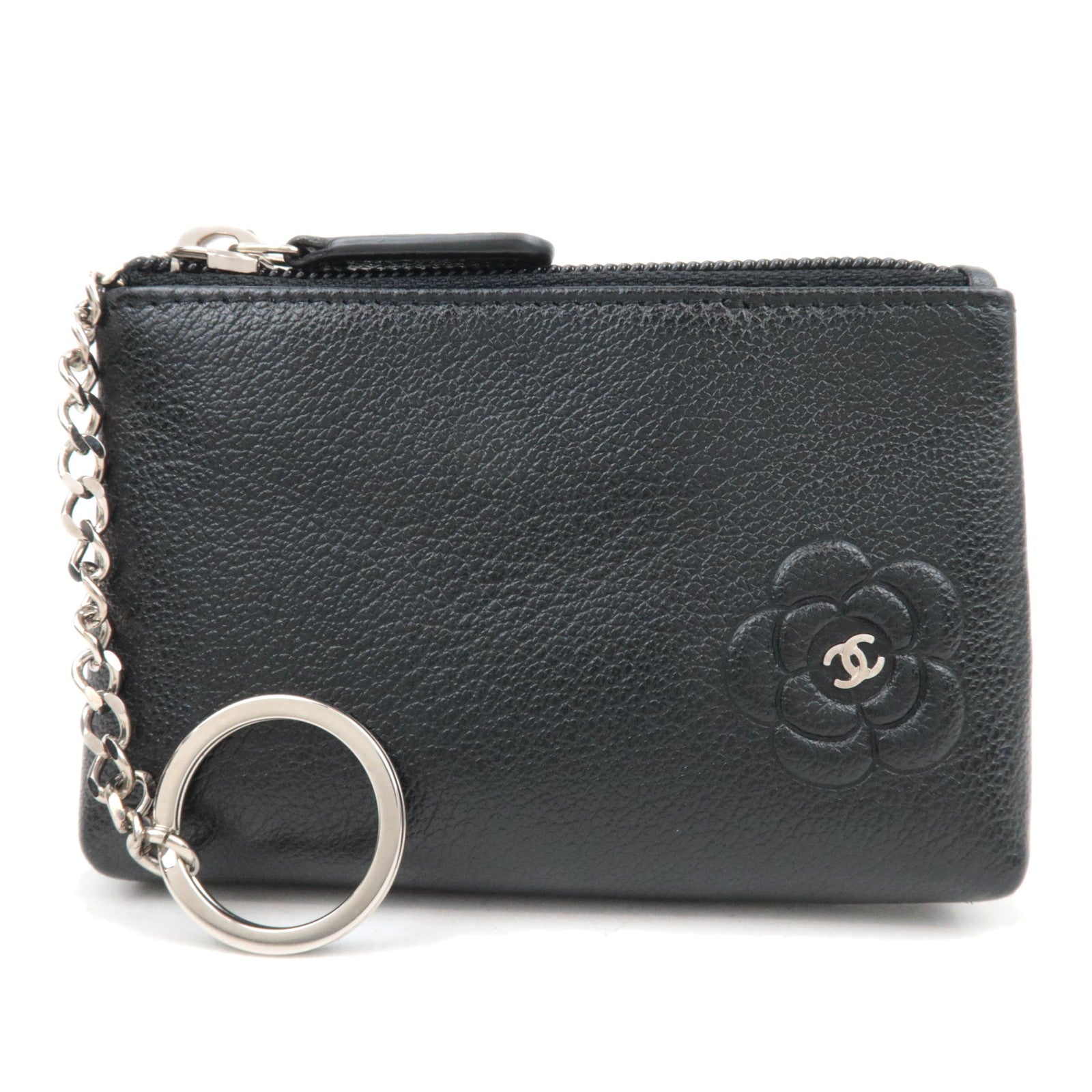 CHANEL Camellia Leather Coin Case Black Silver HDW88764