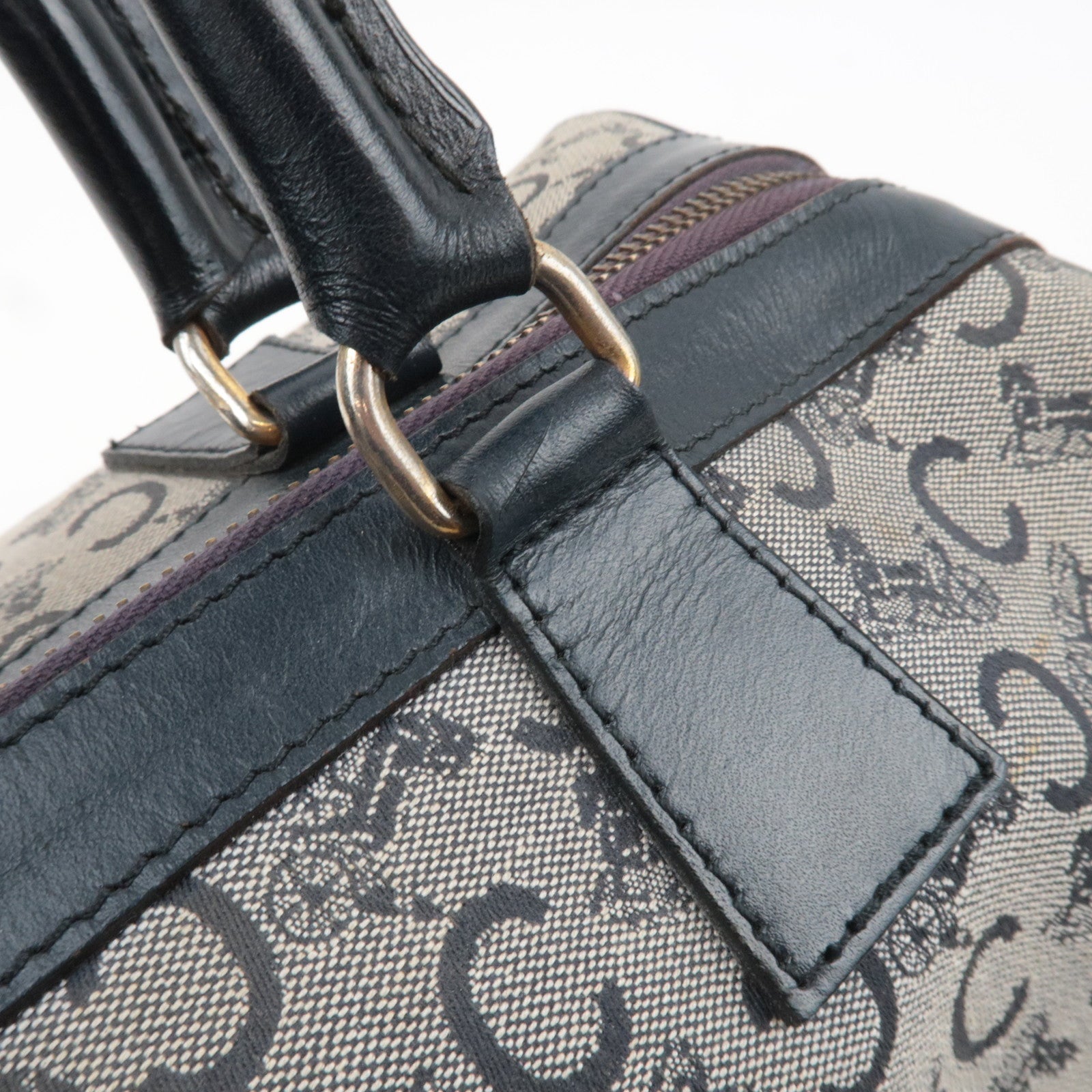 CELINE C Macadam Canvas Leather Boston Bag Navy