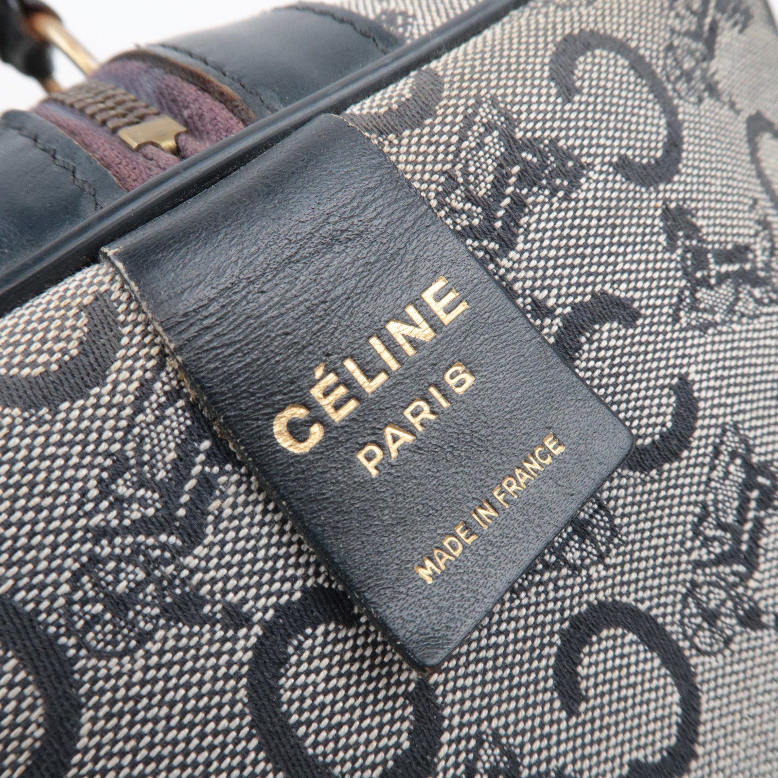 CELINE C Macadam Canvas Leather Boston Bag Navy