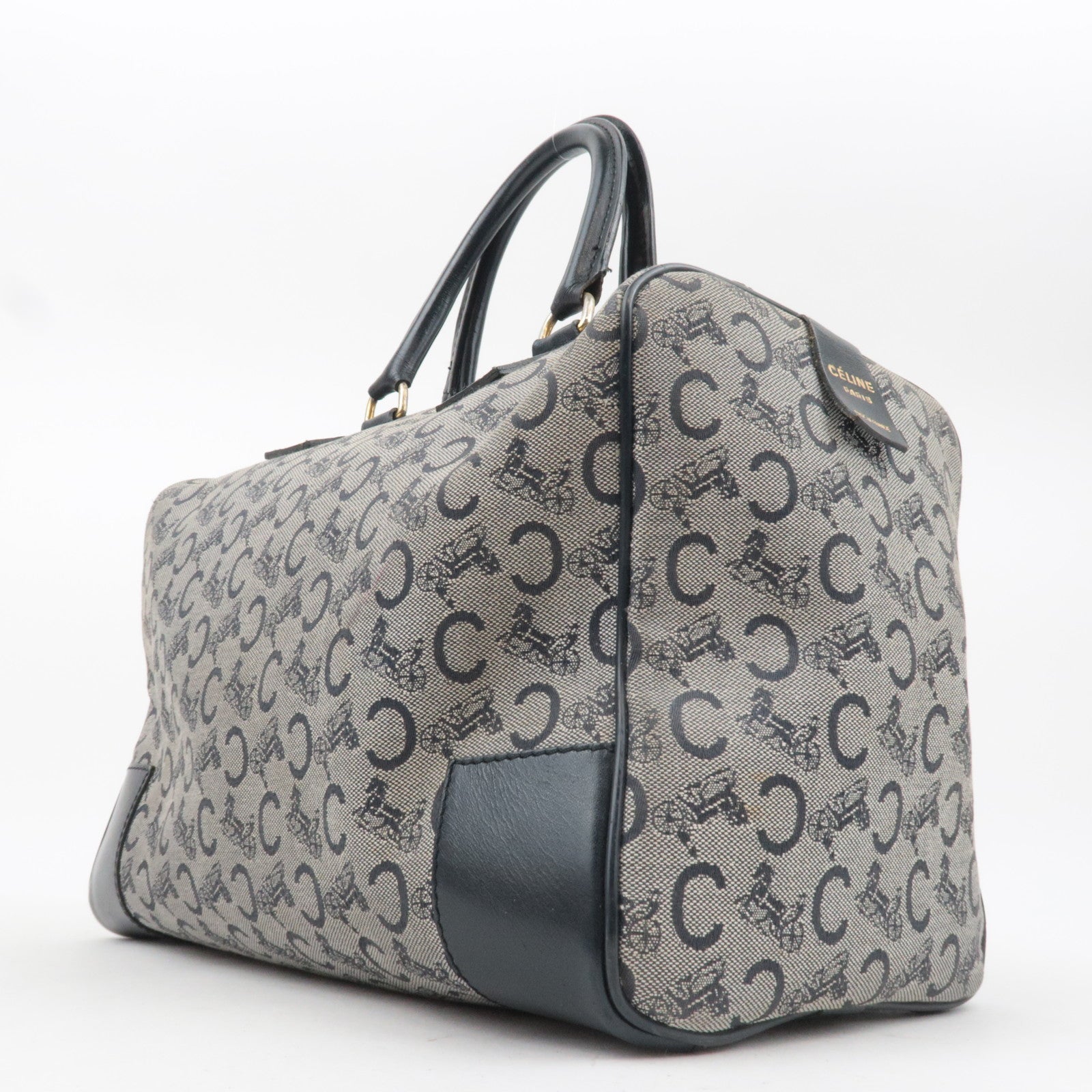 CELINE C Macadam Canvas Leather Boston Bag Navy