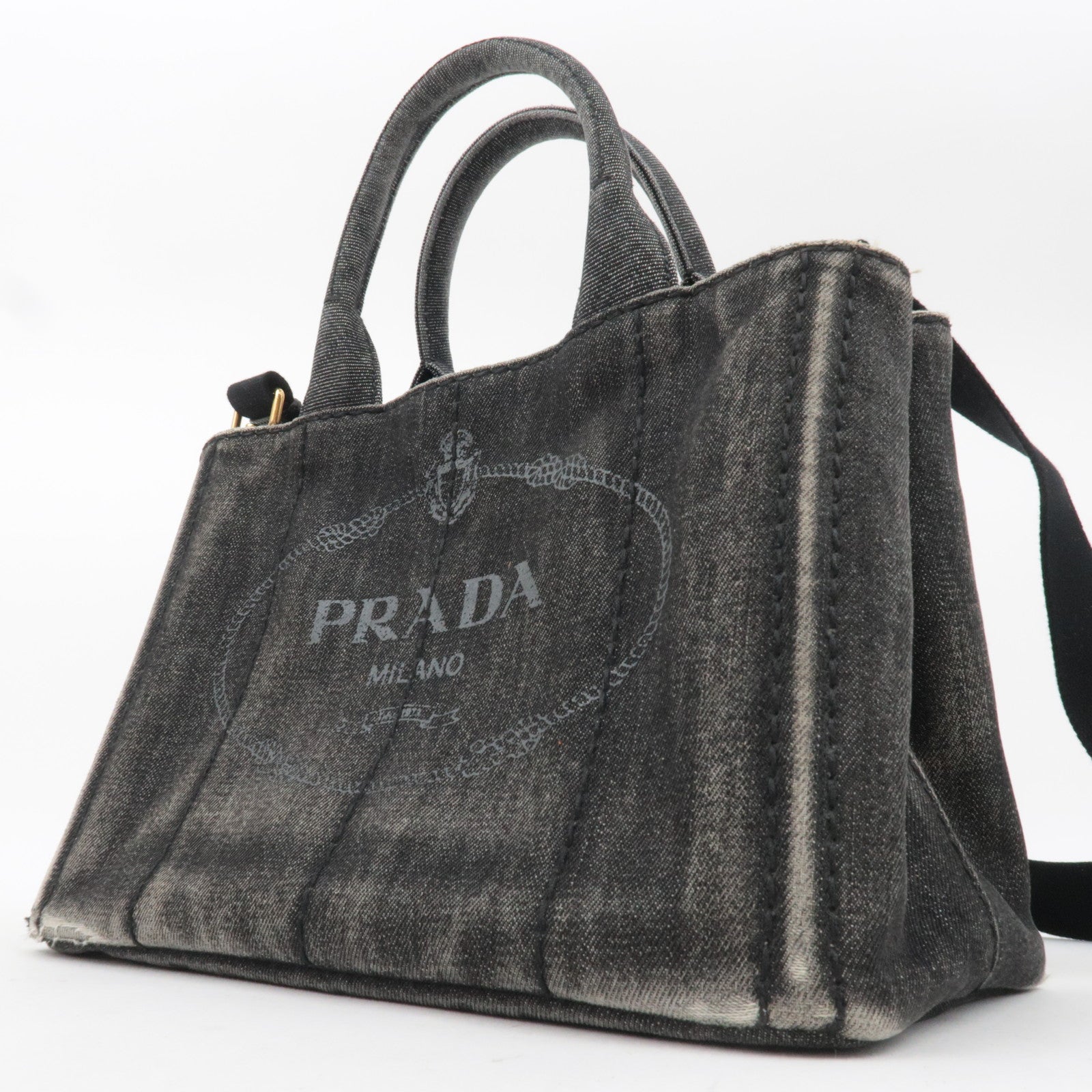 PRADA Canapa Mini 2Way Denim Tote Bag Black 1BG439