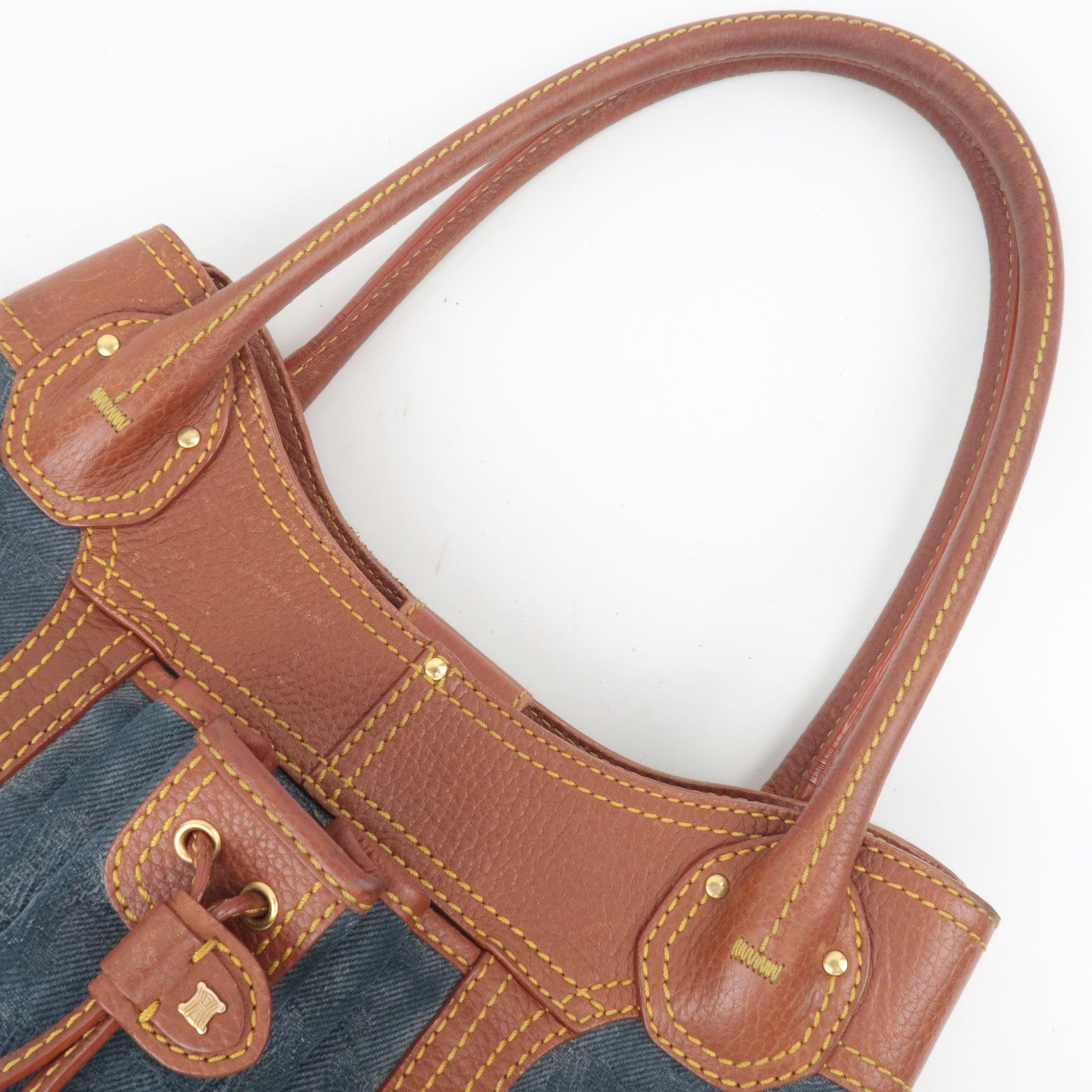 CELINE Paris Macadam Denim Leather Tote Bag Blue Brown