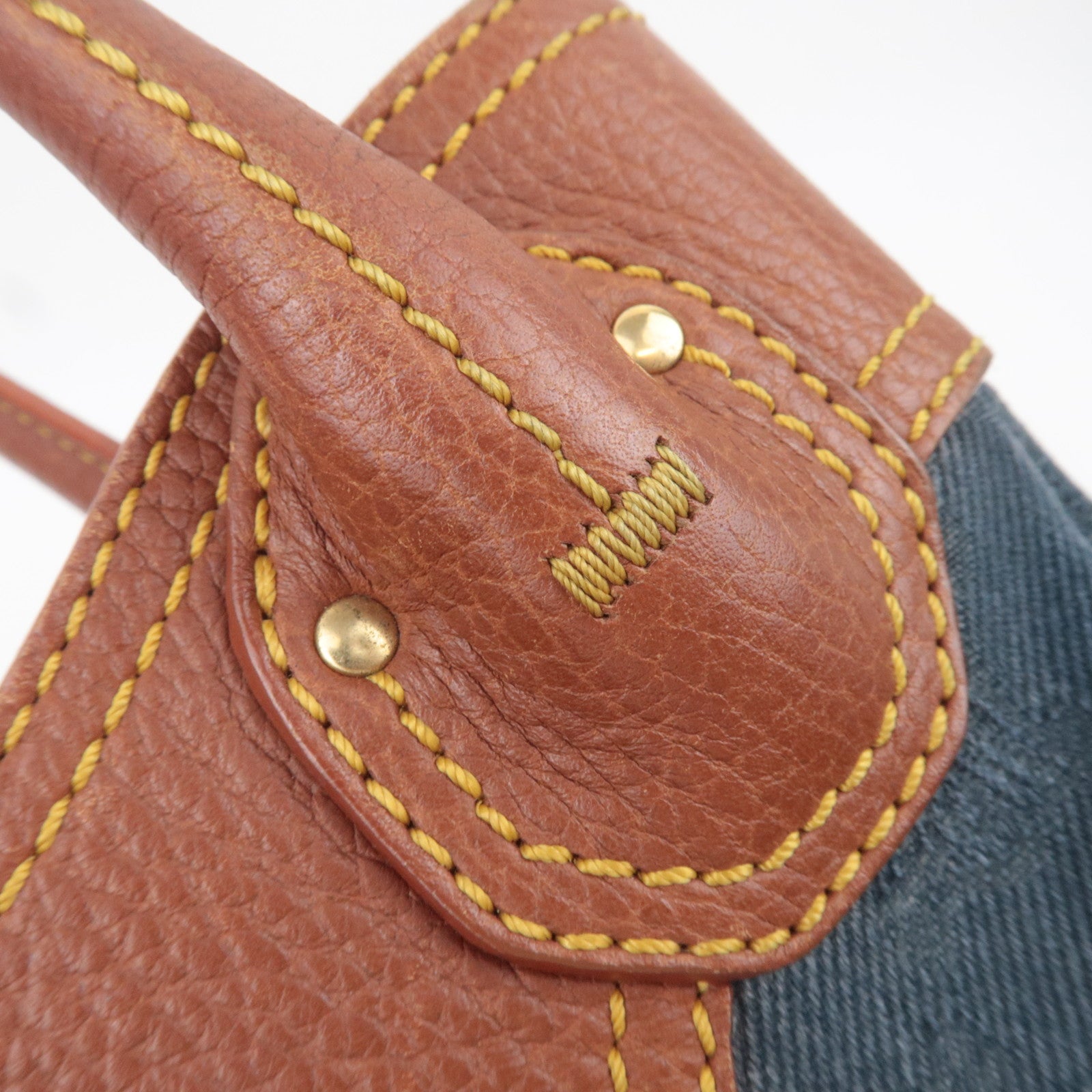 CELINE Paris Macadam Denim Leather Tote Bag Blue Brown