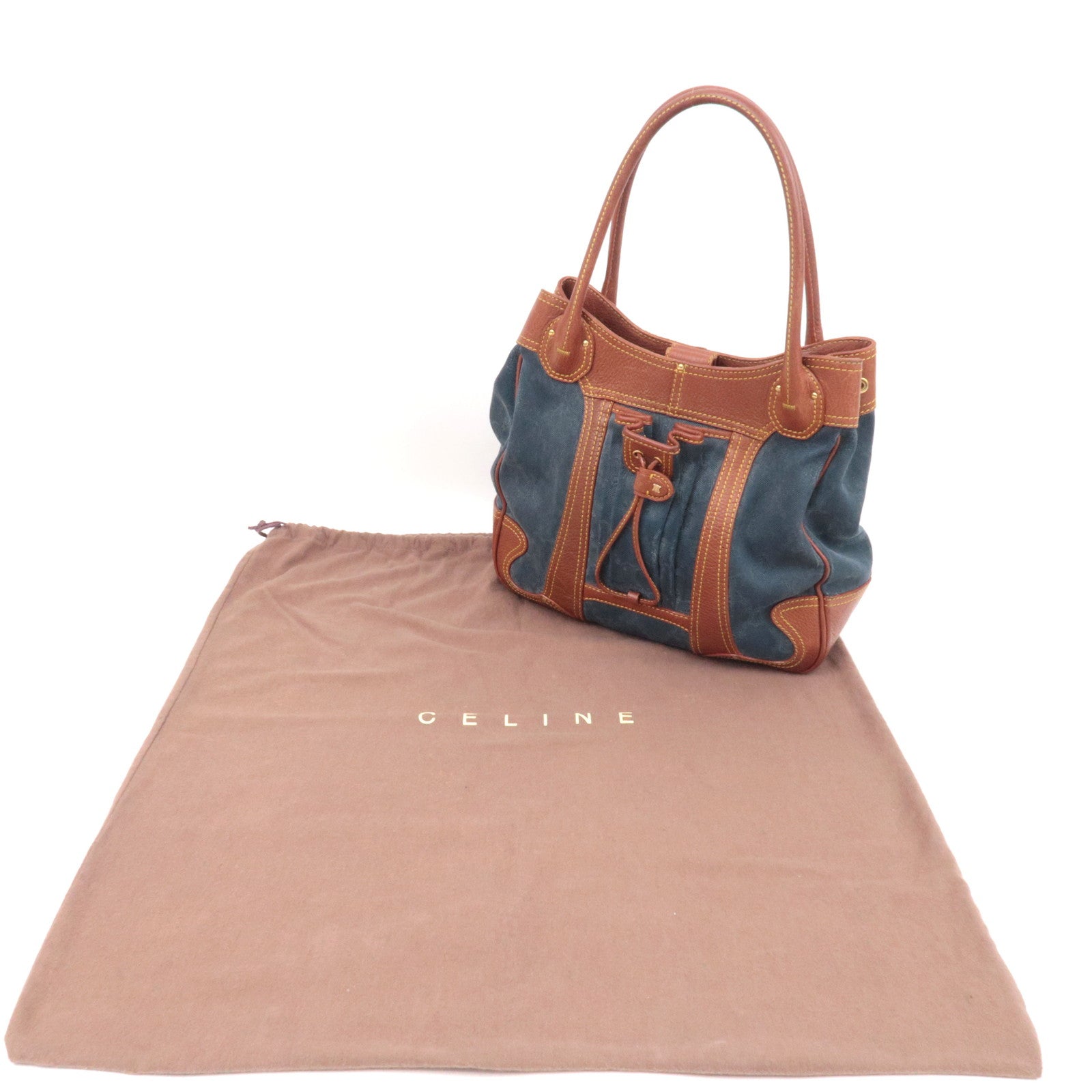 CELINE Paris Macadam Denim Leather Tote Bag Blue Brown