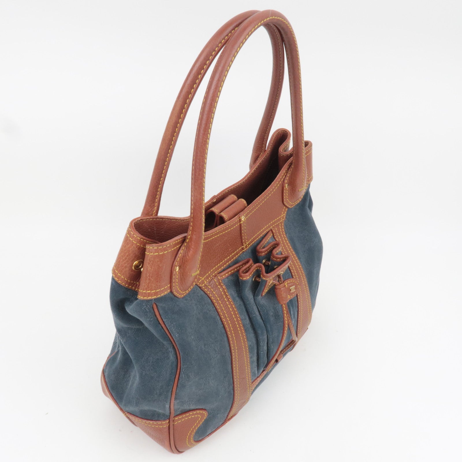 CELINE Paris Macadam Denim Leather Tote Bag Blue Brown