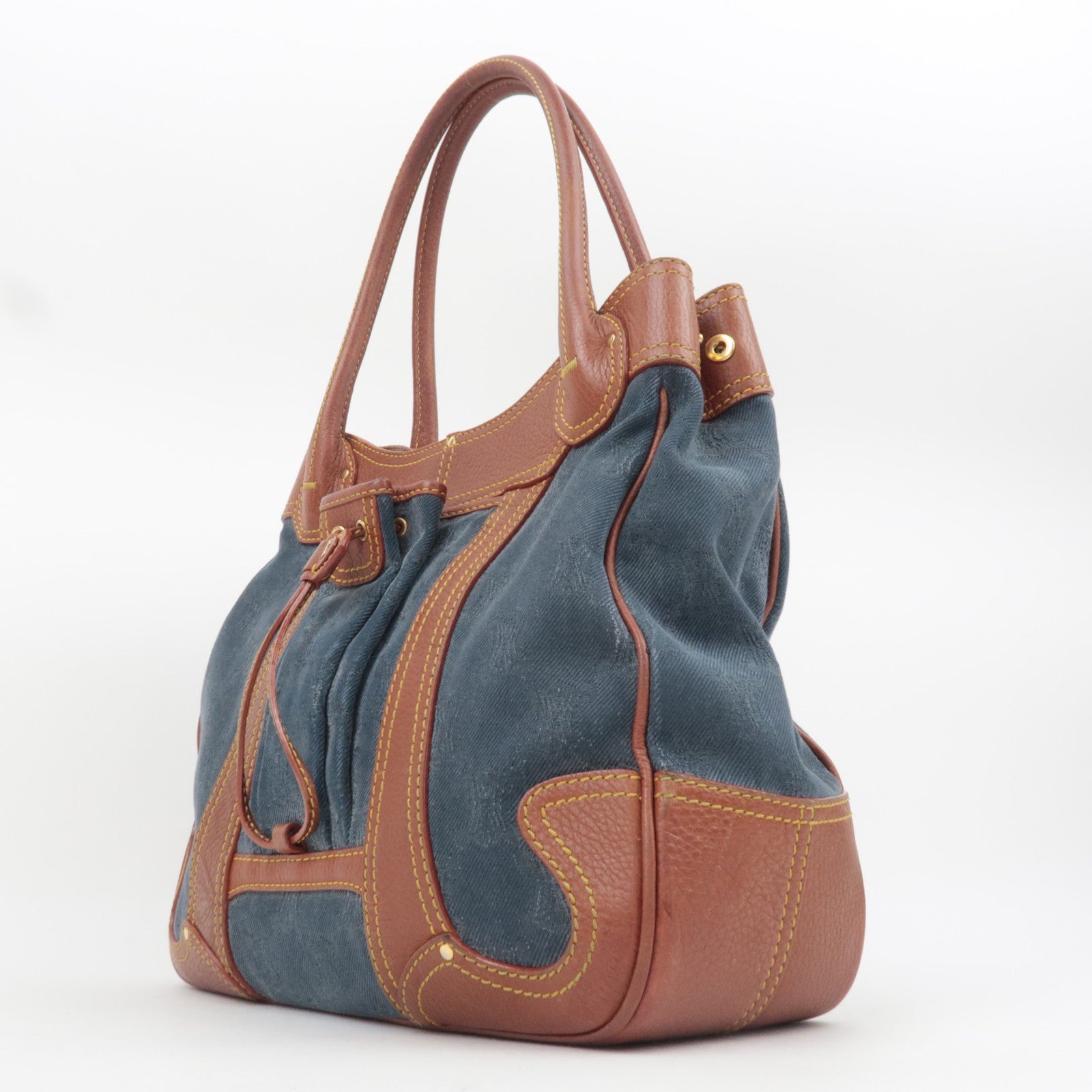 CELINE Paris Macadam Denim Leather Tote Bag Blue Brown