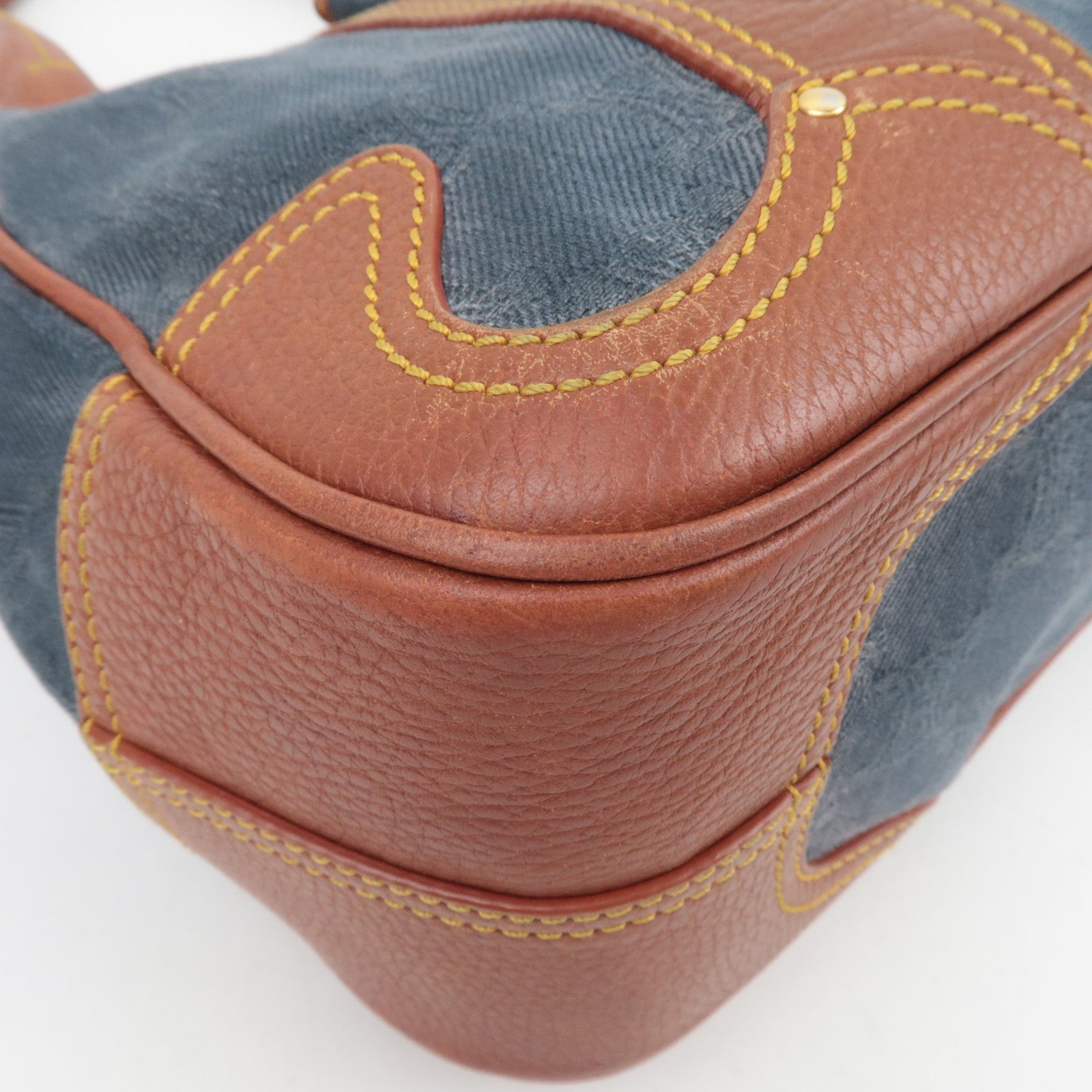 CELINE Paris Macadam Denim Leather Tote Bag Blue Brown