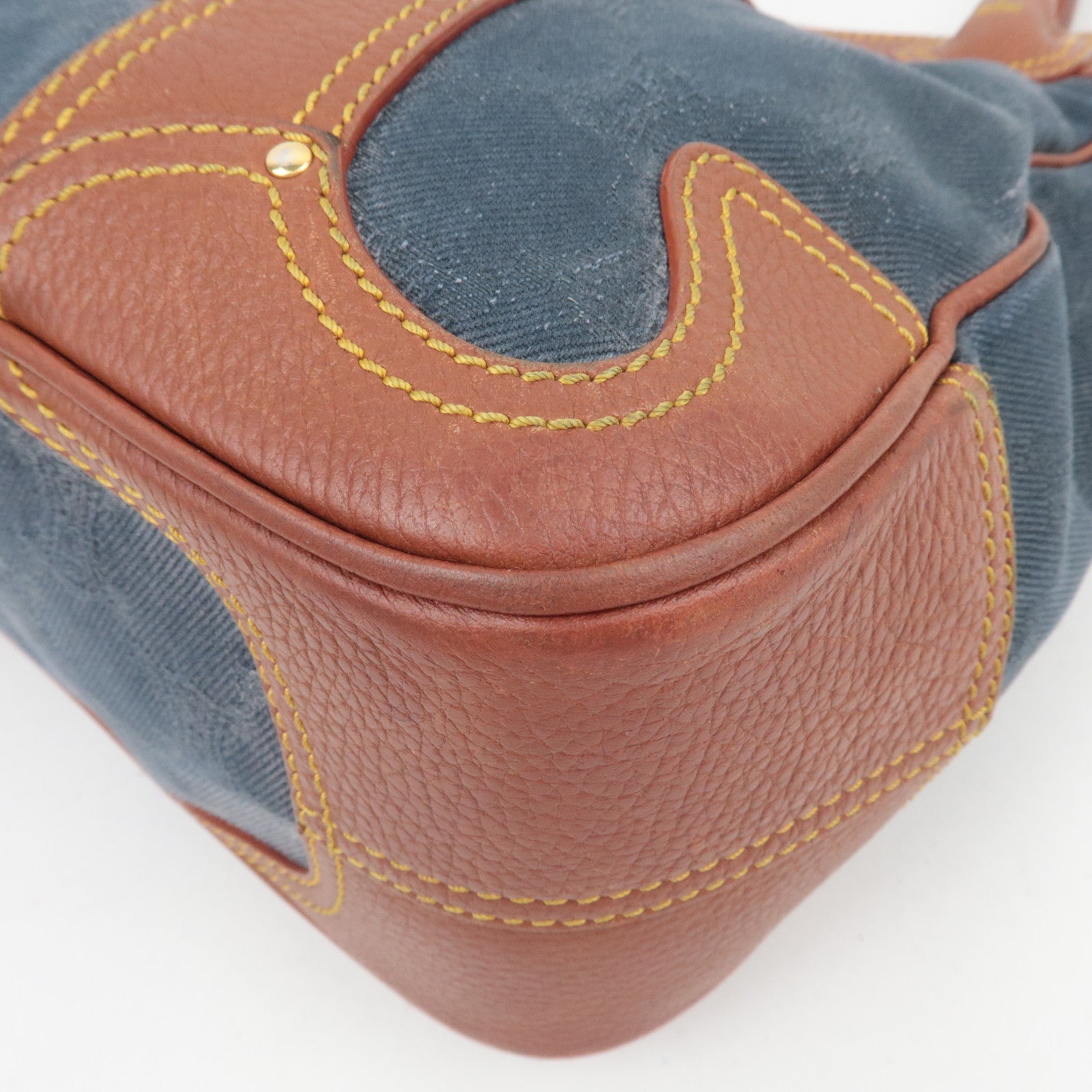 CELINE Paris Macadam Denim Leather Tote Bag Blue Brown