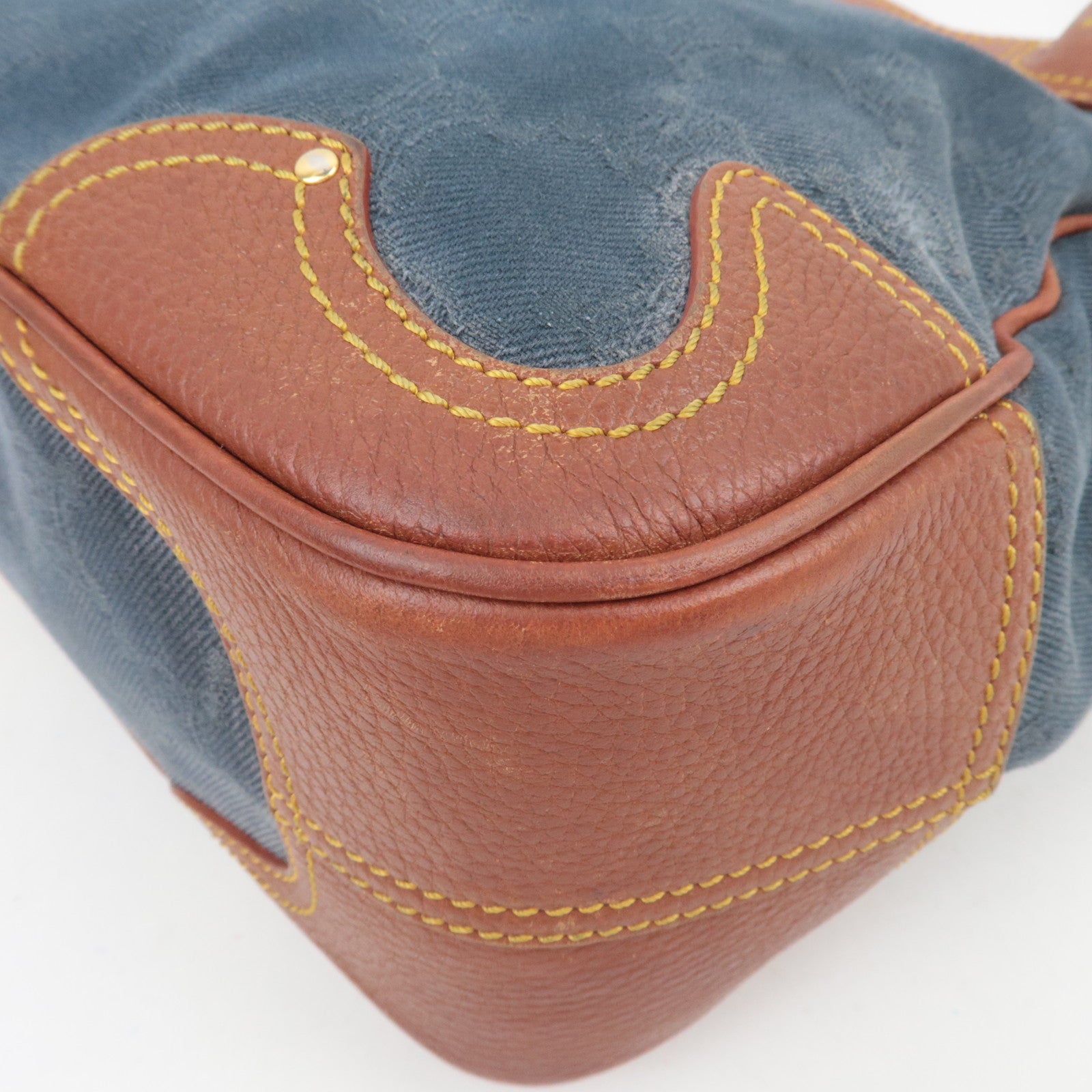 CELINE Paris Macadam Denim Leather Tote Bag Blue Brown
