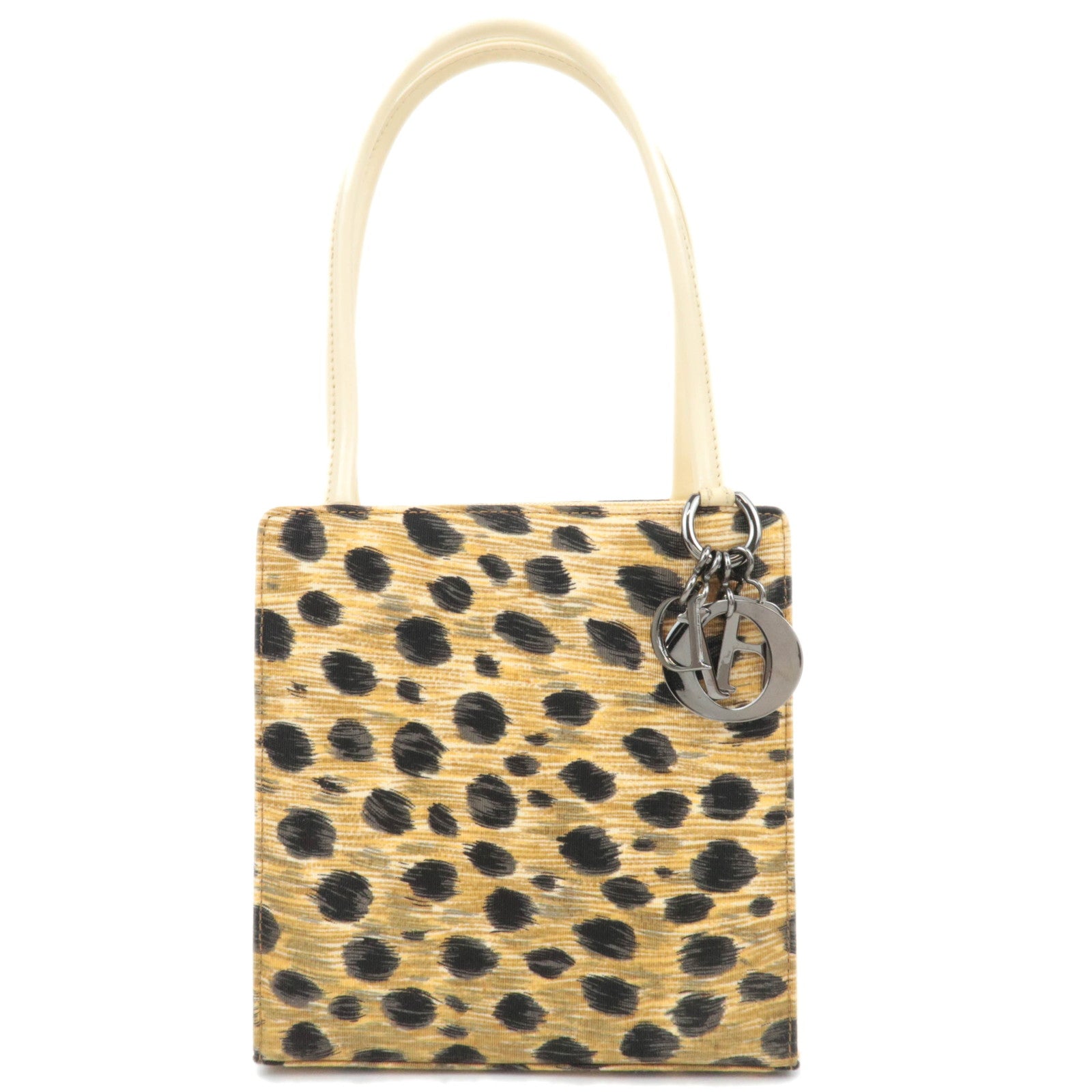 Christian Dior Leopard Print Canvas Leather Handbag Yellow Beige88862