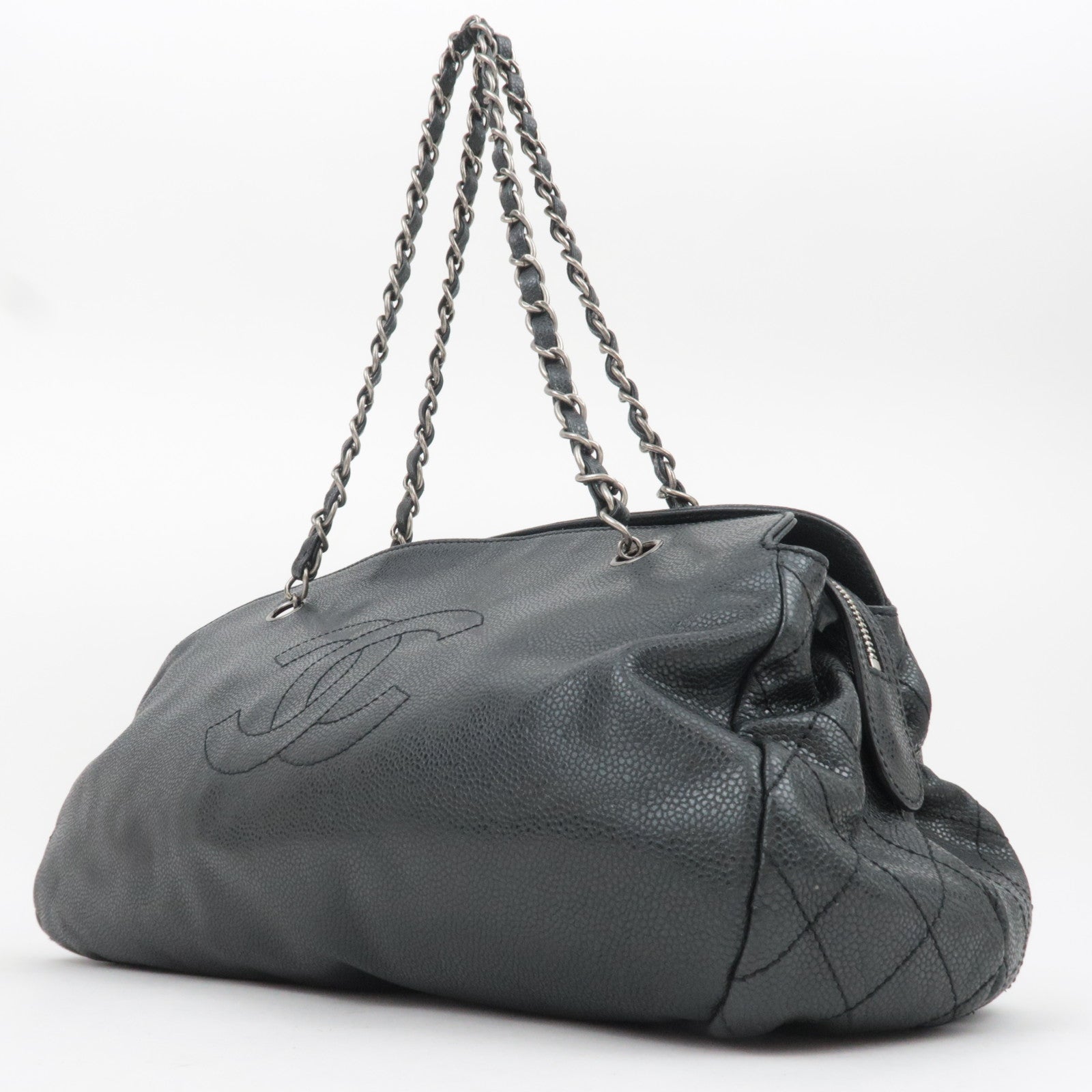 CHANEL Coco Mark Caviarskin Chain Shoulder Bag Black Silver HDW