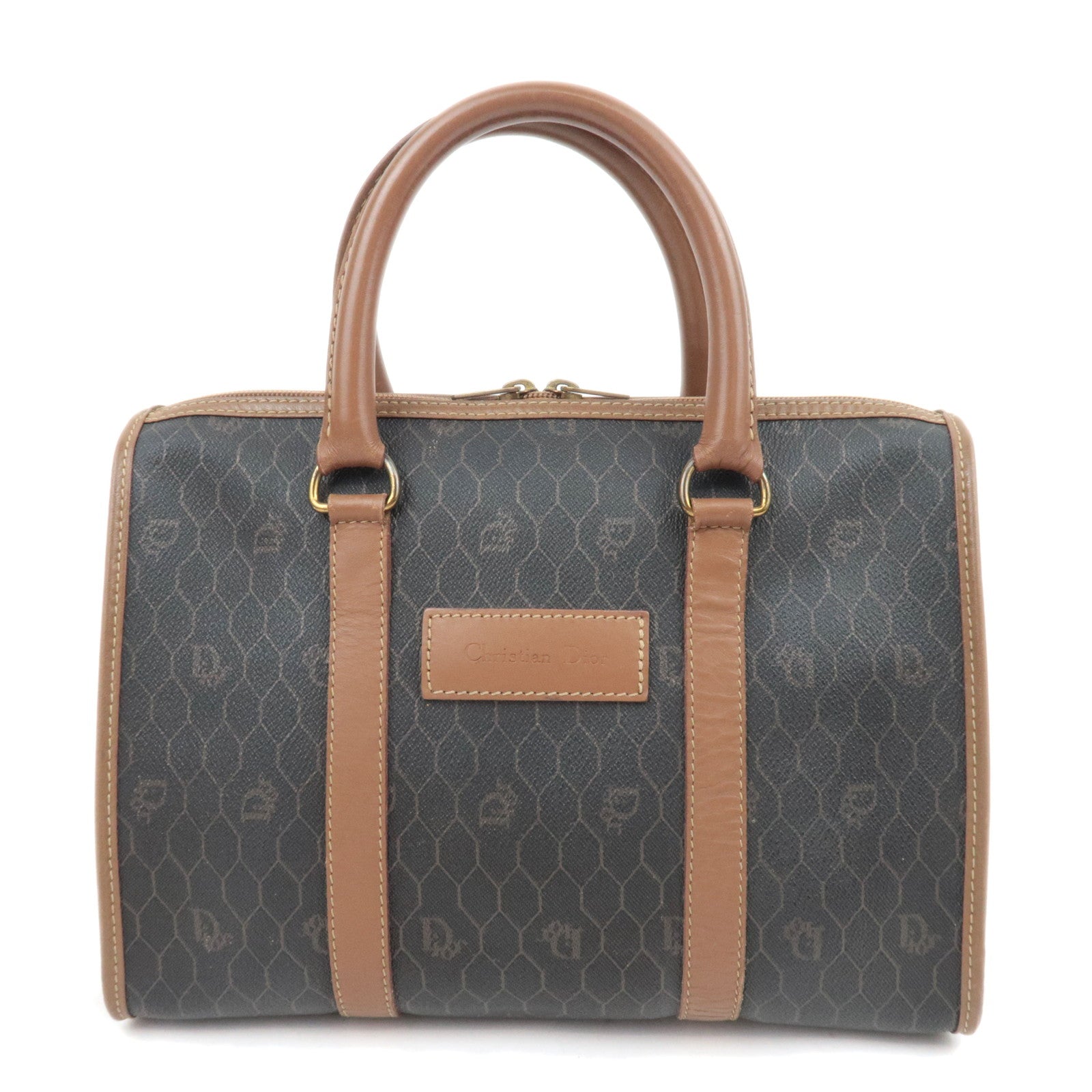 Christian Dior Honeycomb PVC Leather Handbag Gray Brown88877