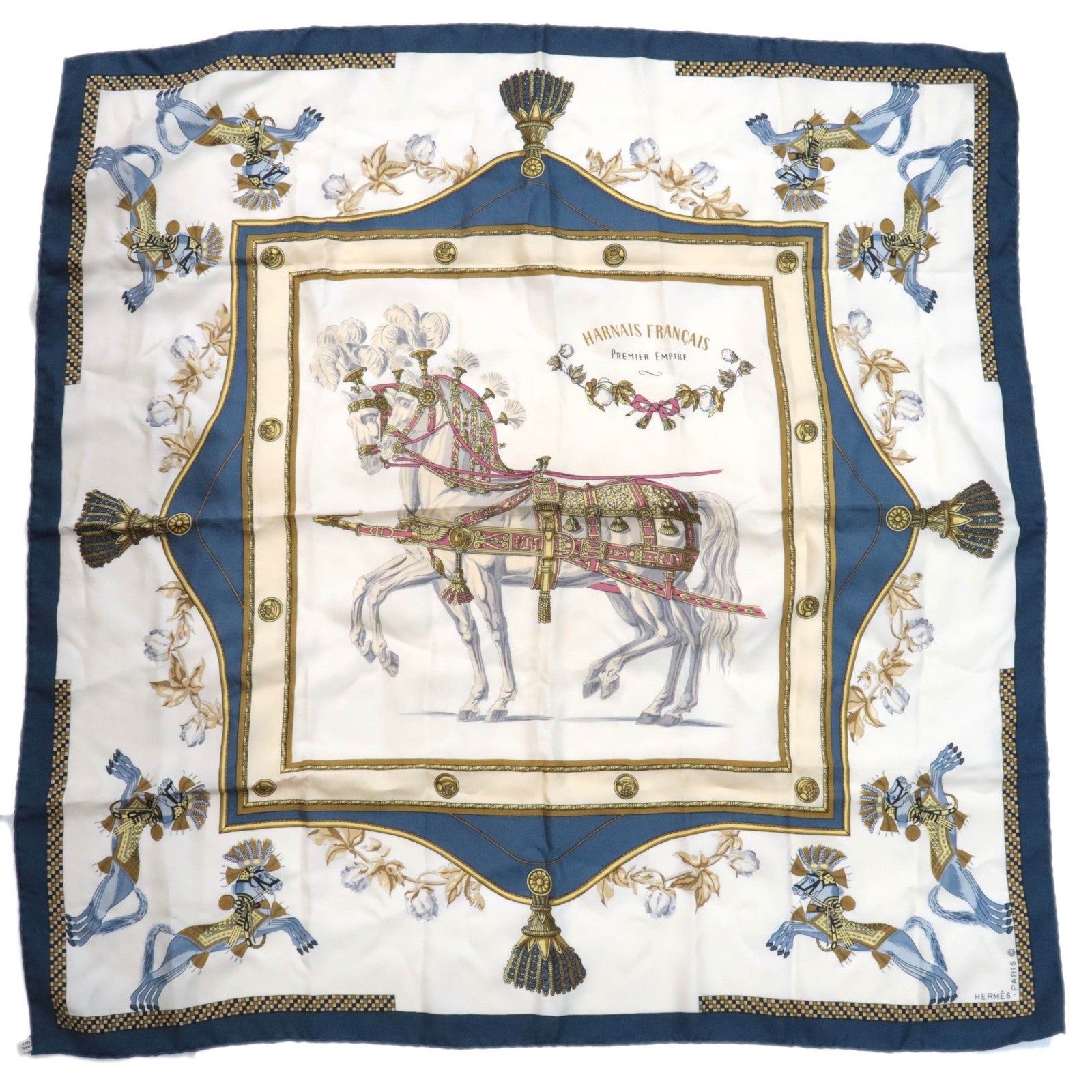 HERMES Carre 90 Scarf HARNAIS FRANCAIS PREMIER EMPIRE 100% Silk Ivory Blue88908