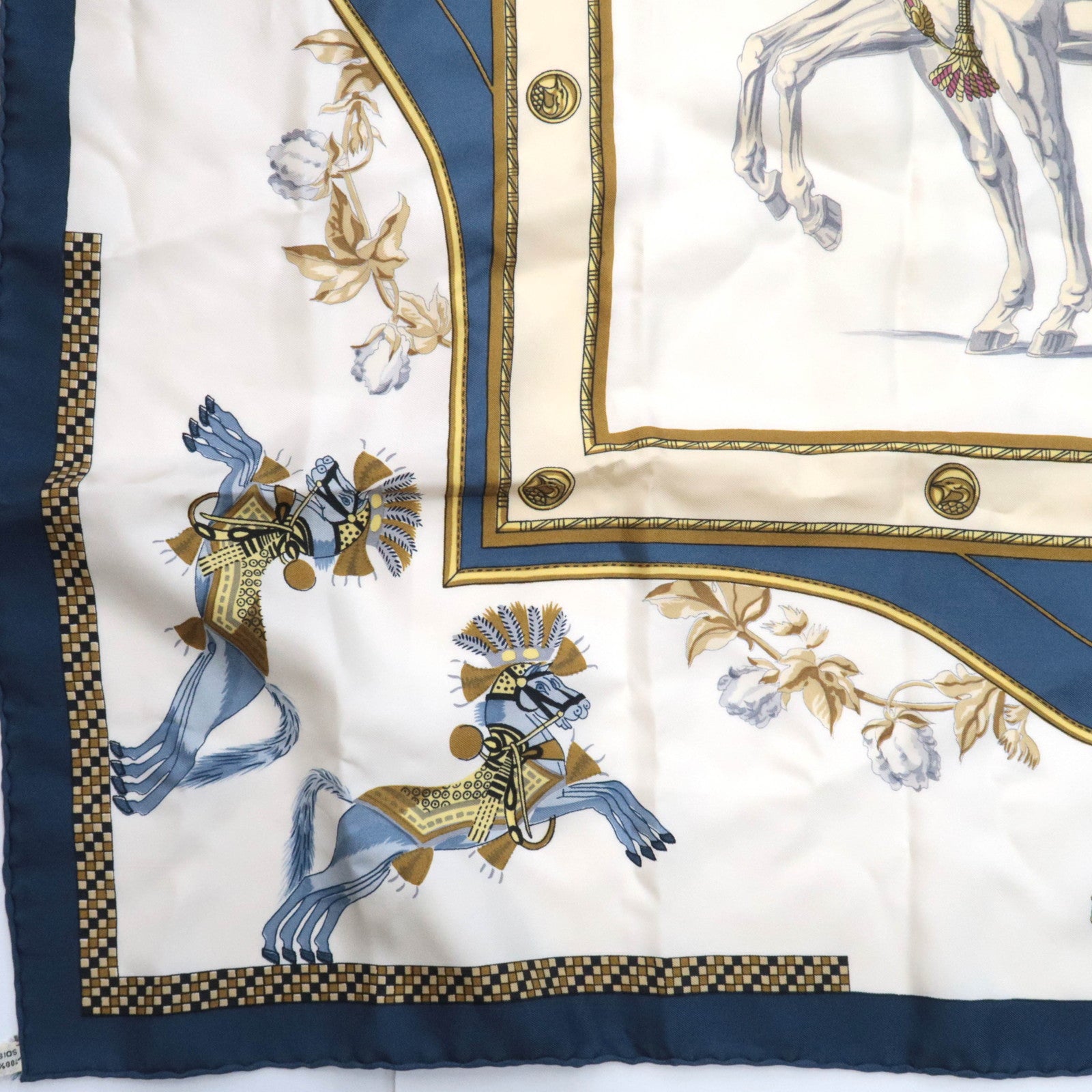 HERMES Carre 90 Scarf HARNAIS FRANCAIS PREMIER EMPIRE 100% Silk Ivory Blue