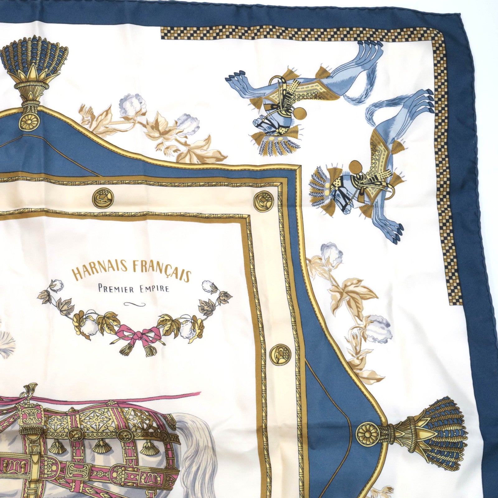HERMES Carre 90 Scarf HARNAIS FRANCAIS PREMIER EMPIRE 100% Silk Ivory Blue