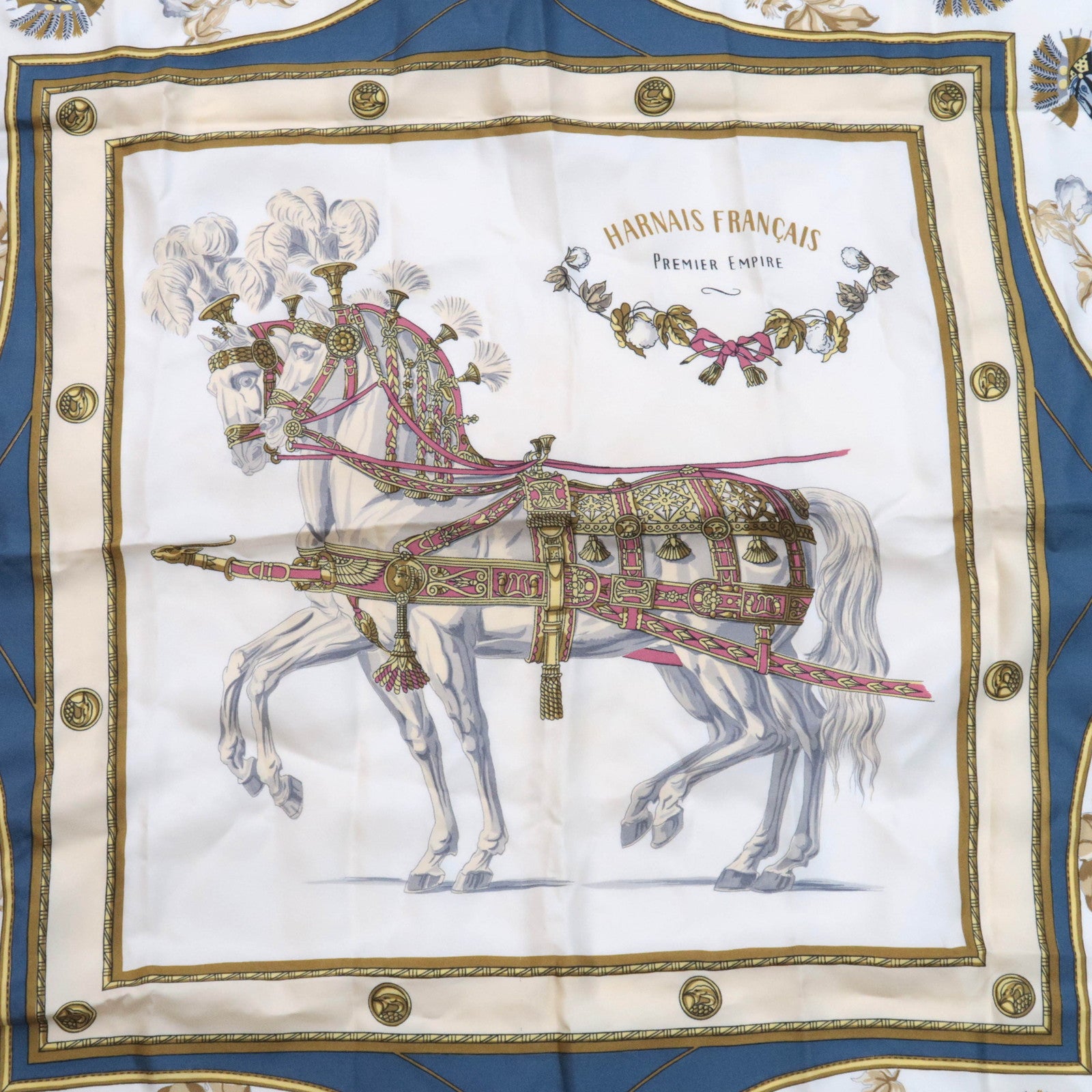 HERMES Carre 90 Scarf HARNAIS FRANCAIS PREMIER EMPIRE 100% Silk Ivory Blue