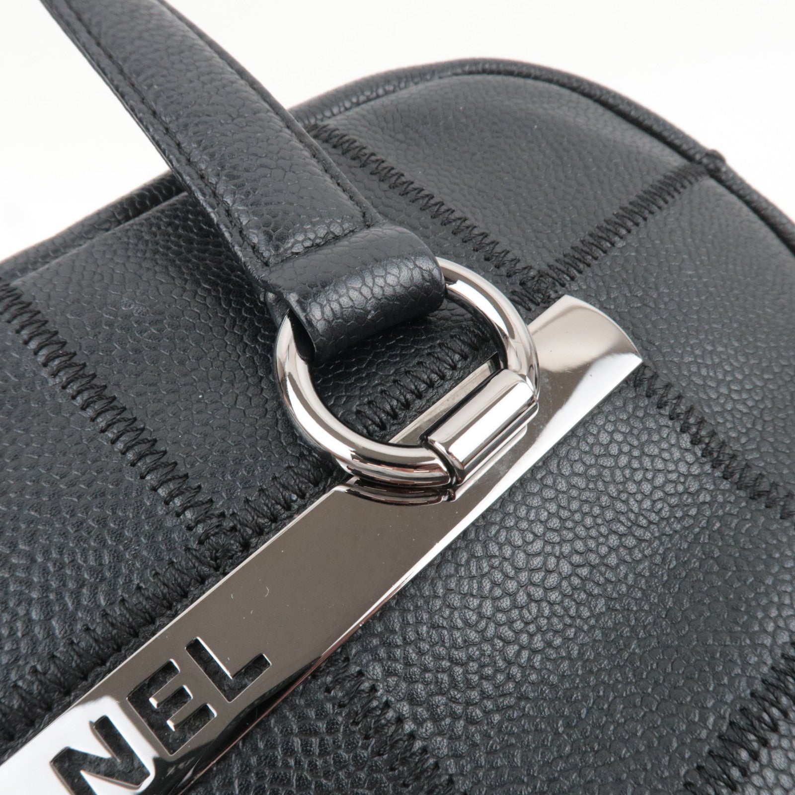 CHANEL Chocolate Bar Caviarskin Mini Boston Bag Black Silver HDW A26135