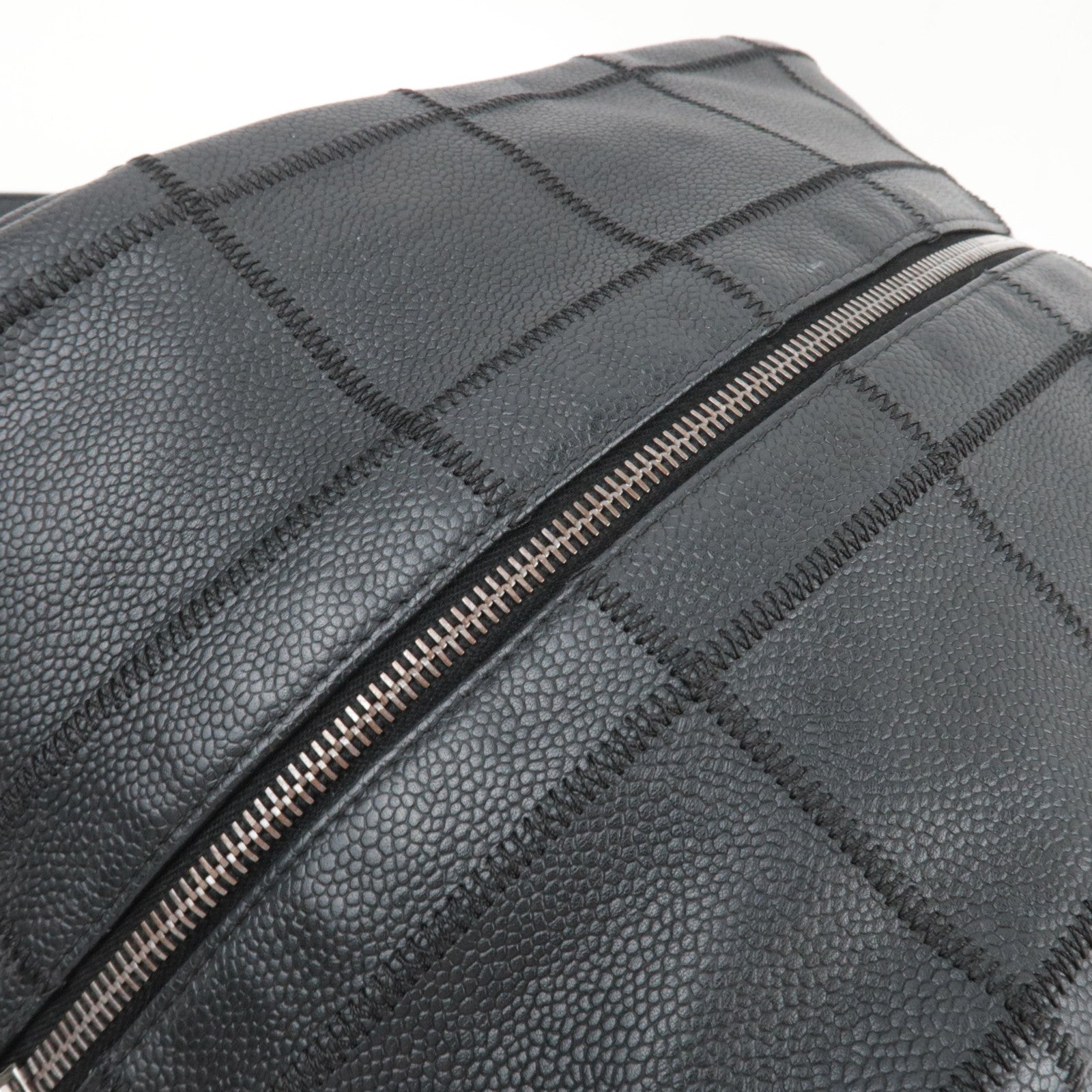 CHANEL Chocolate Bar Caviarskin Mini Boston Bag Black Silver HDW A26135