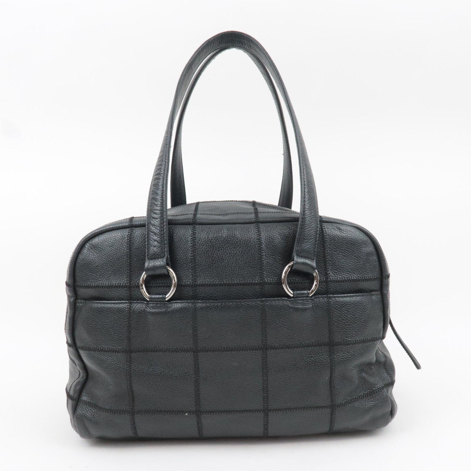 CHANEL Chocolate Bar Caviarskin Mini Boston Bag Black Silver HDW A26135