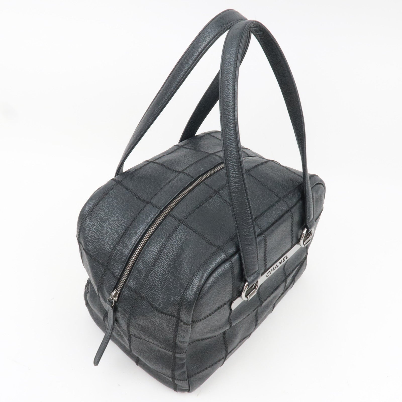 CHANEL Chocolate Bar Caviarskin Mini Boston Bag Black Silver HDW A26135