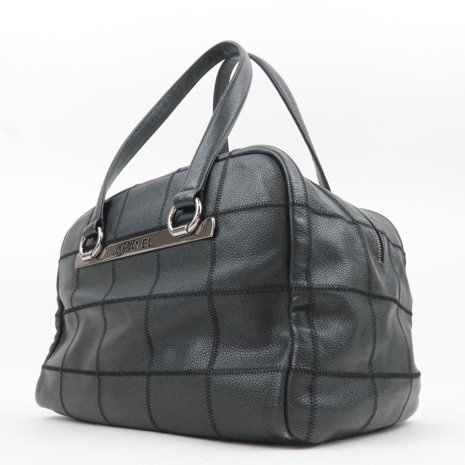 CHANEL Chocolate Bar Caviarskin Mini Boston Bag Black Silver HDW A26135