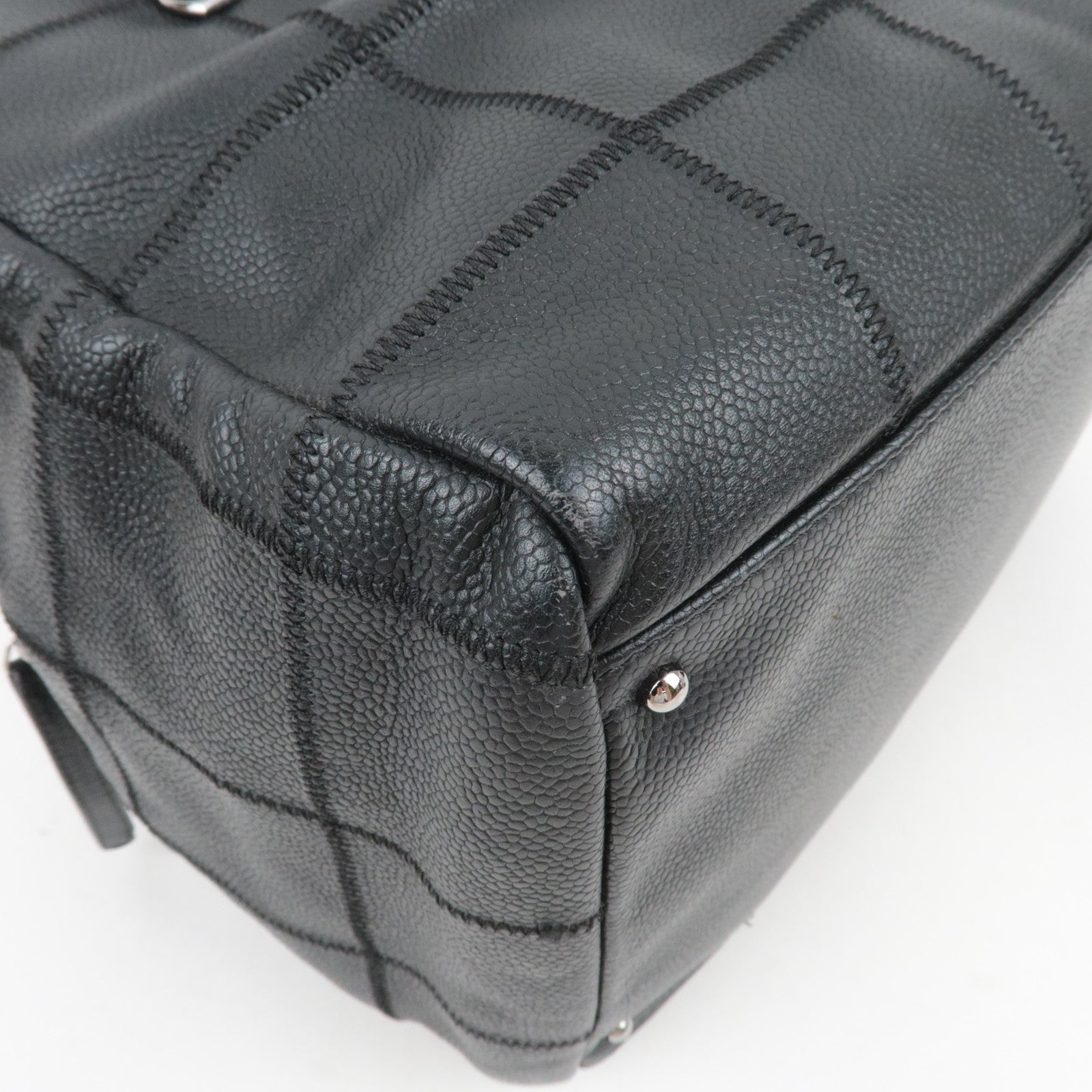CHANEL Chocolate Bar Caviarskin Mini Boston Bag Black Silver HDW A26135